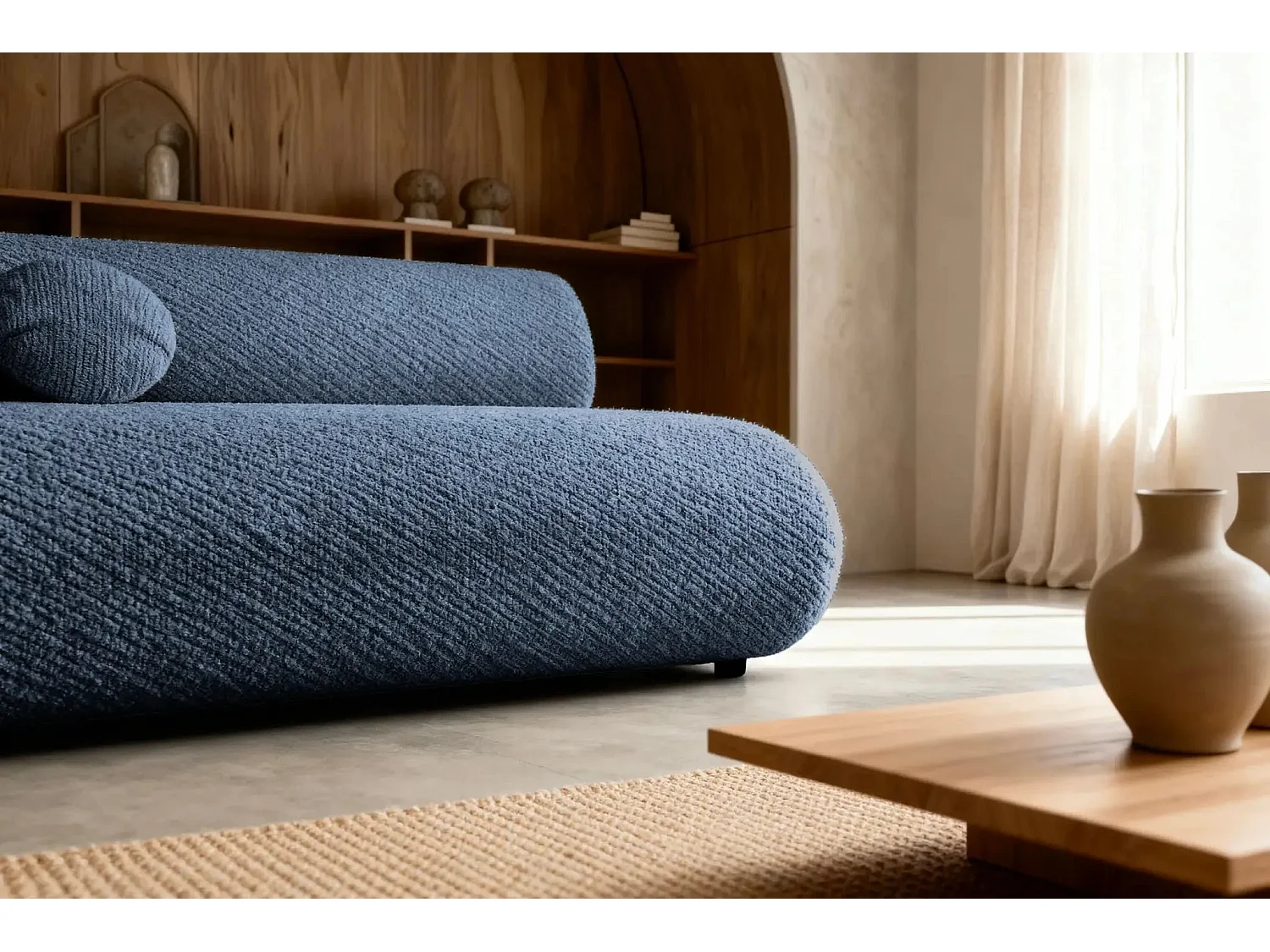 LEVI - Canapé droit convertible tissu lisse 2 places - Bleu