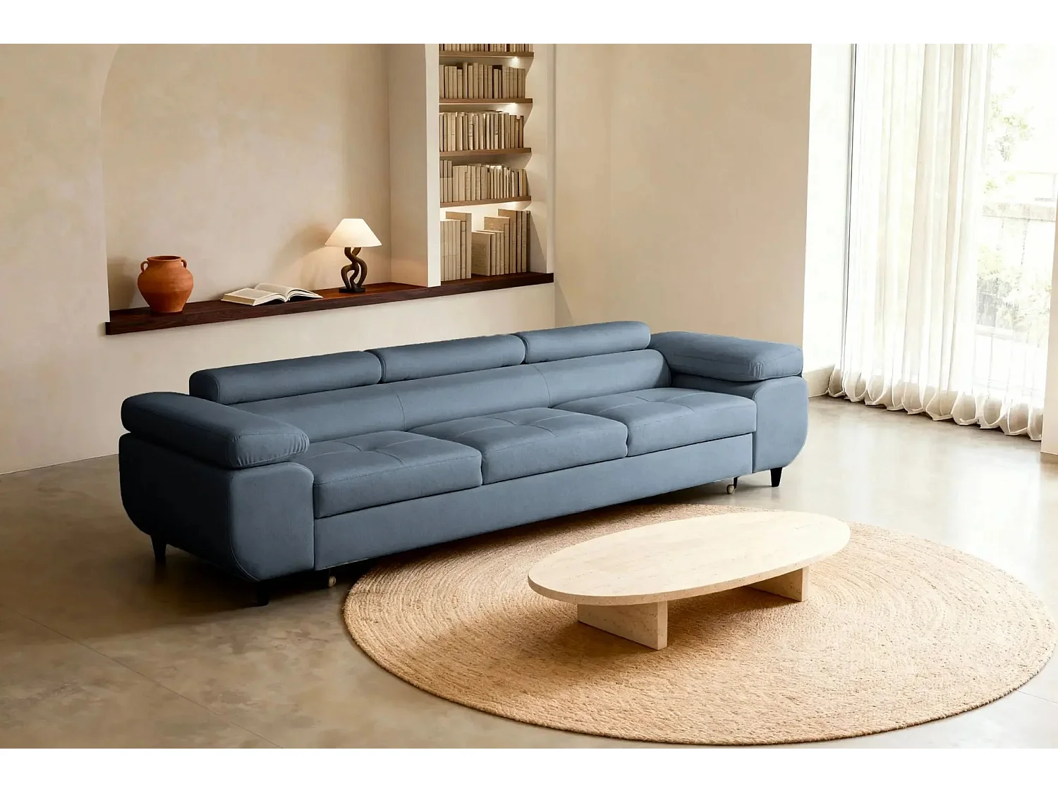 CHARLIE - Canapé droit convertible tissu chiné 3 places - Bleu