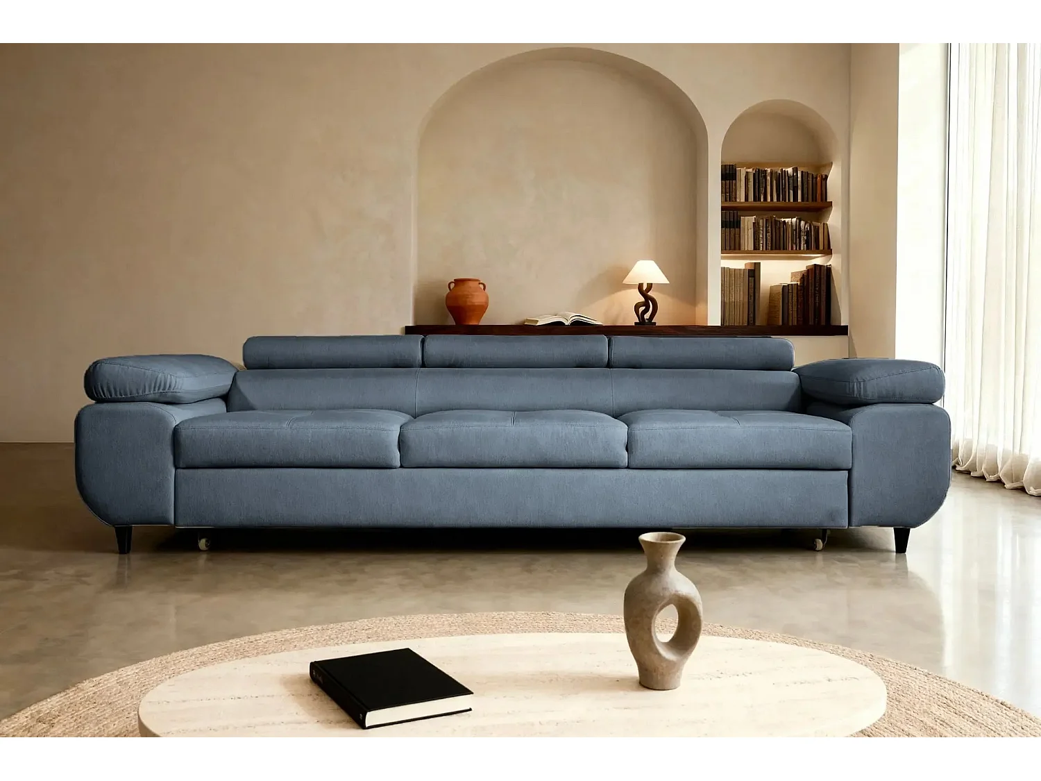 CHARLIE - Canapé droit convertible tissu chiné 3 places - Bleu