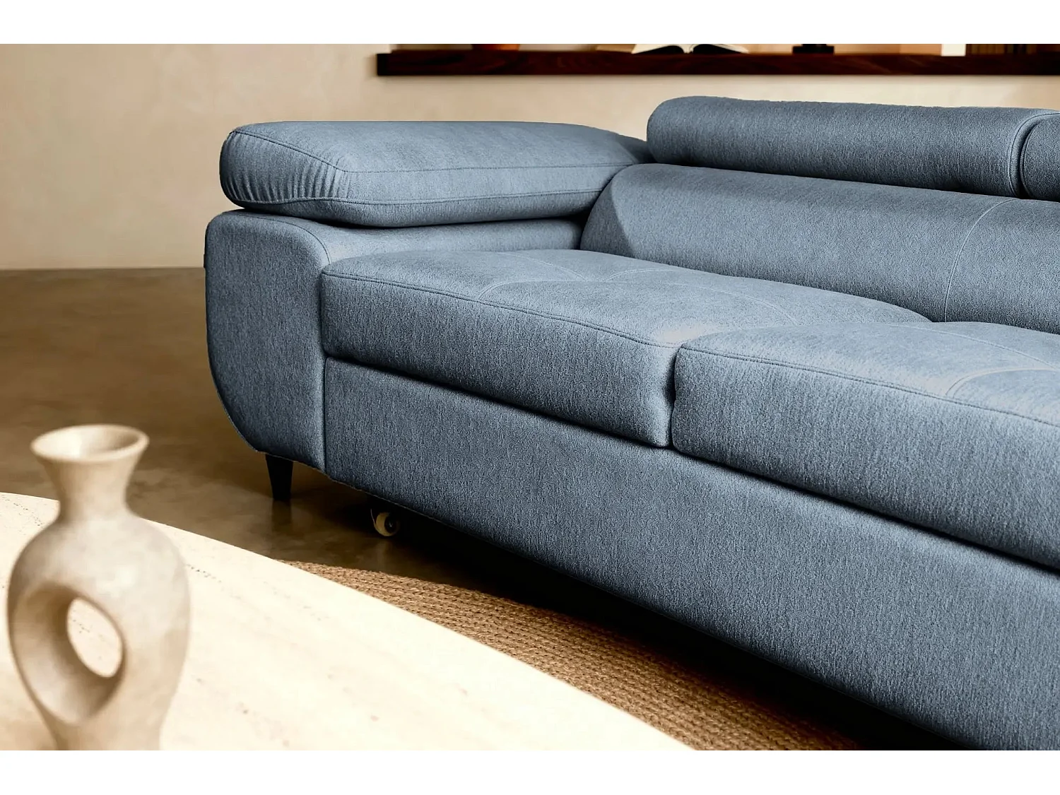 CHARLIE - Canapé droit convertible tissu chiné 3 places - Bleu