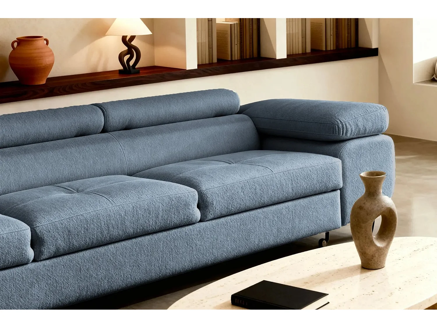 CHARLIE - Canapé droit convertible tissu chiné 3 places - Bleu