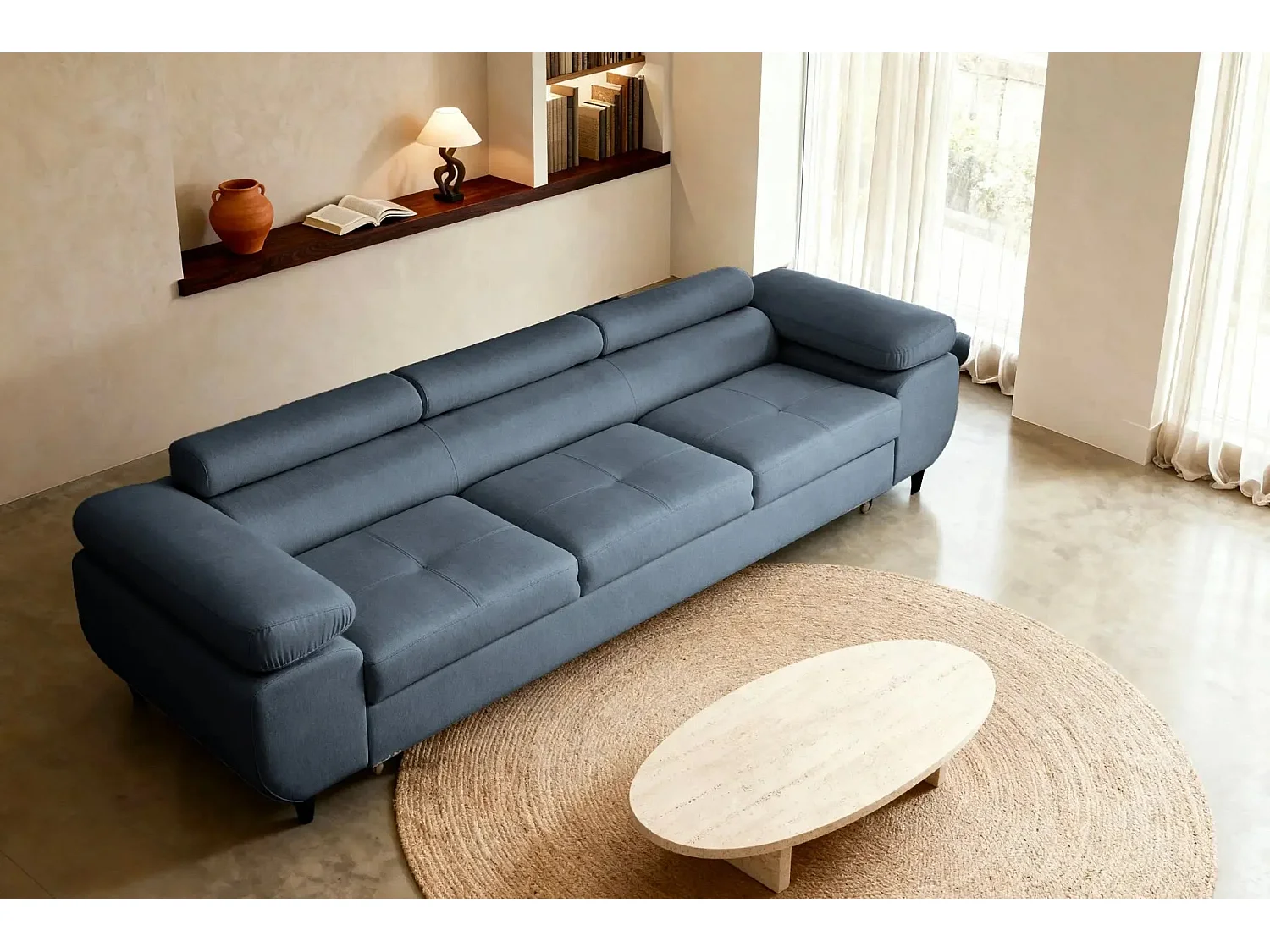 CHARLIE - Canapé droit convertible tissu chiné 3 places - Bleu