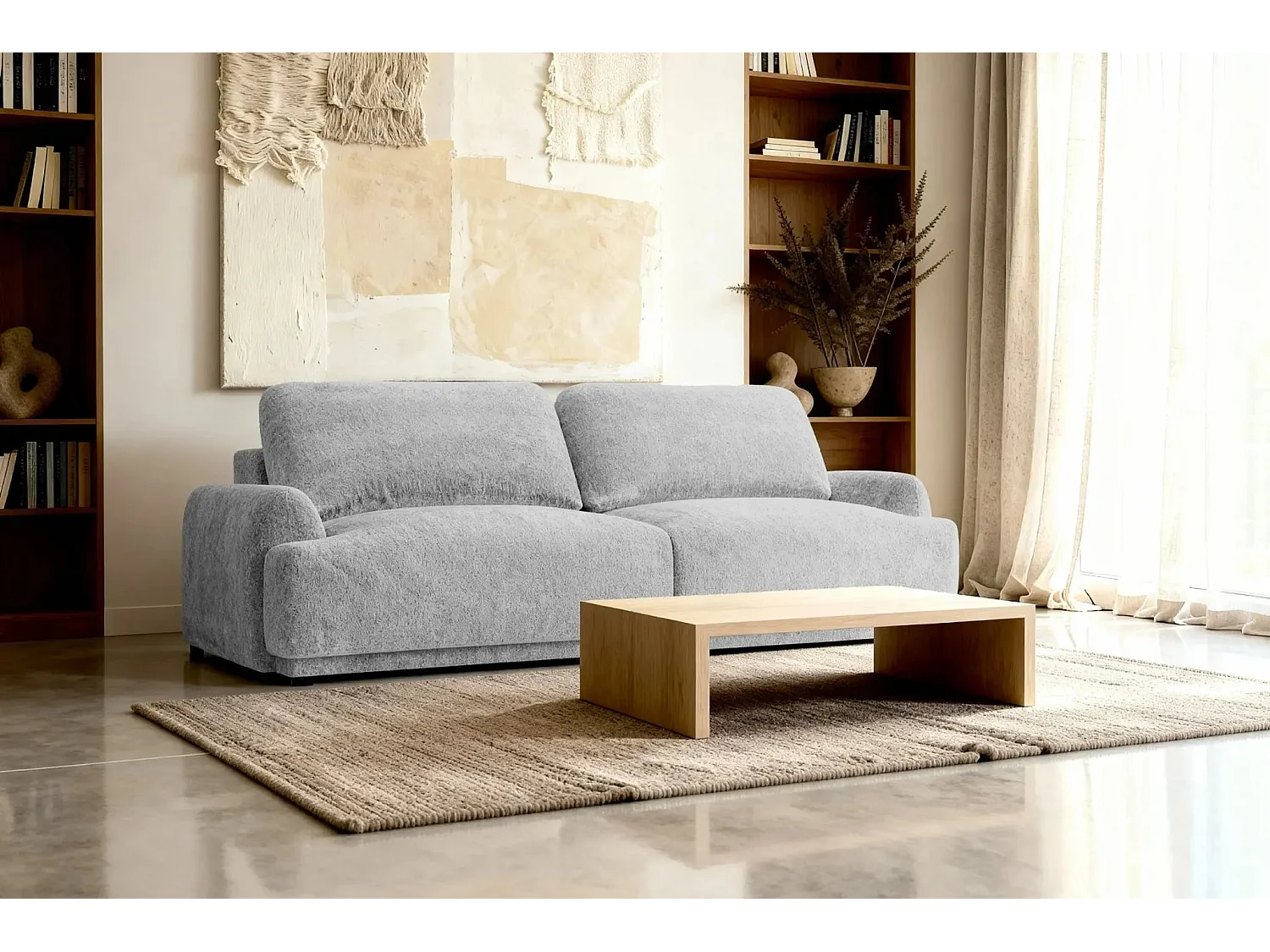 CLAUDIA - Canapé droit convertible tissu chenille 3 places - Gris clair