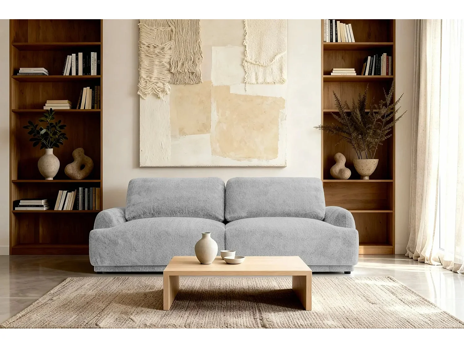 CLAUDIA - Canapé droit convertible tissu chenille 3 places - Gris clair