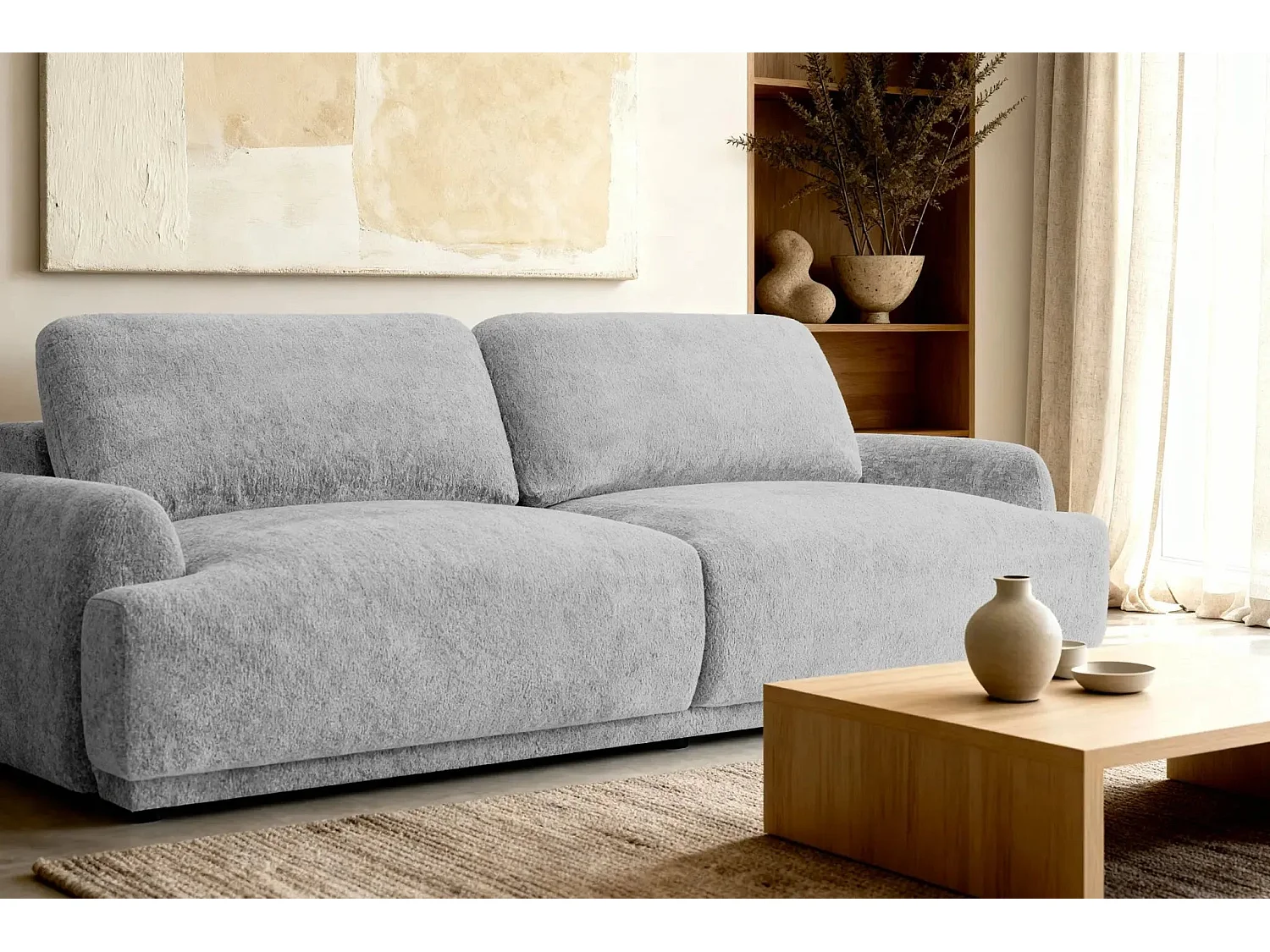 CLAUDIA - Canapé droit convertible tissu chenille 3 places - Gris clair