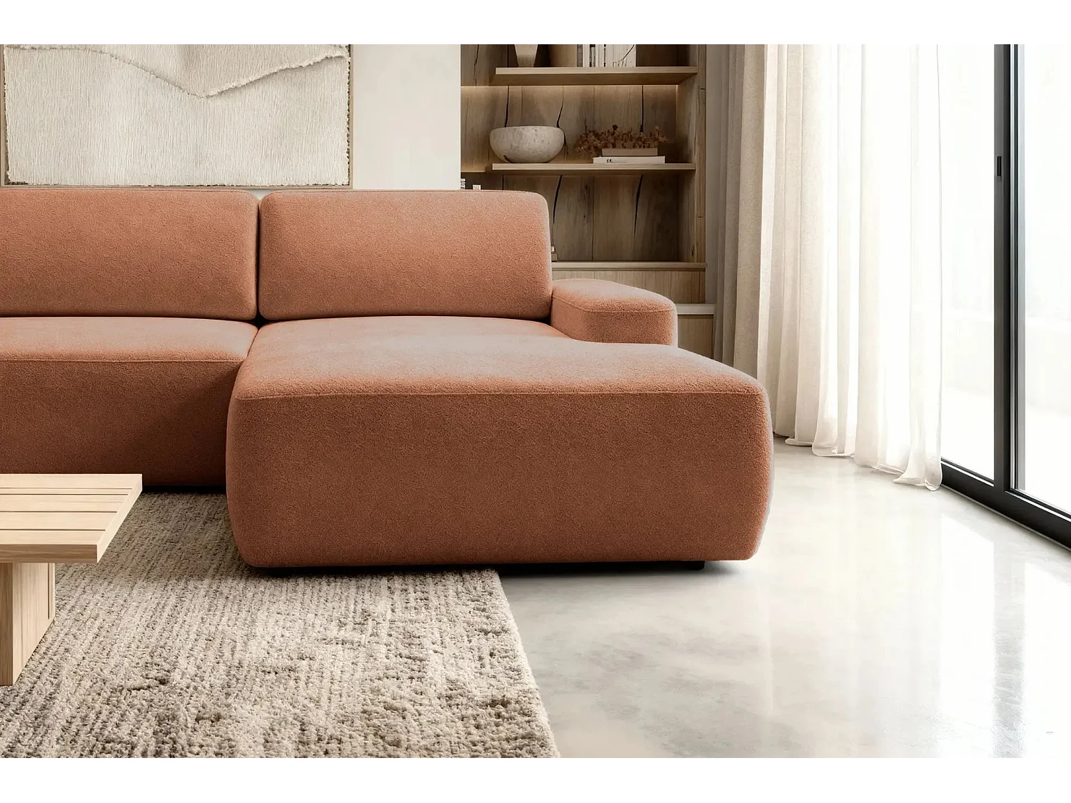 IVY - Canapé d'angle convertible tissu chiné 4 places - Terracotta - Gauche