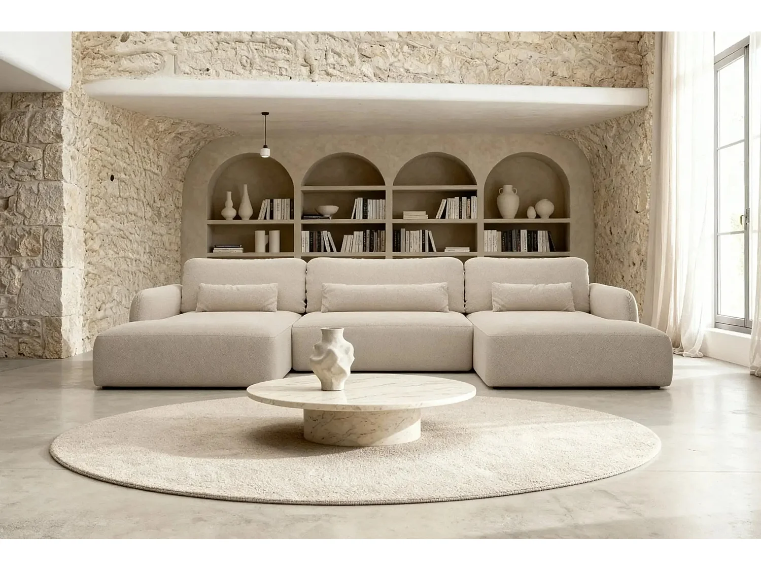 GIGI - Canapé panoramique convertible tissu bouclette 5 places - Beige