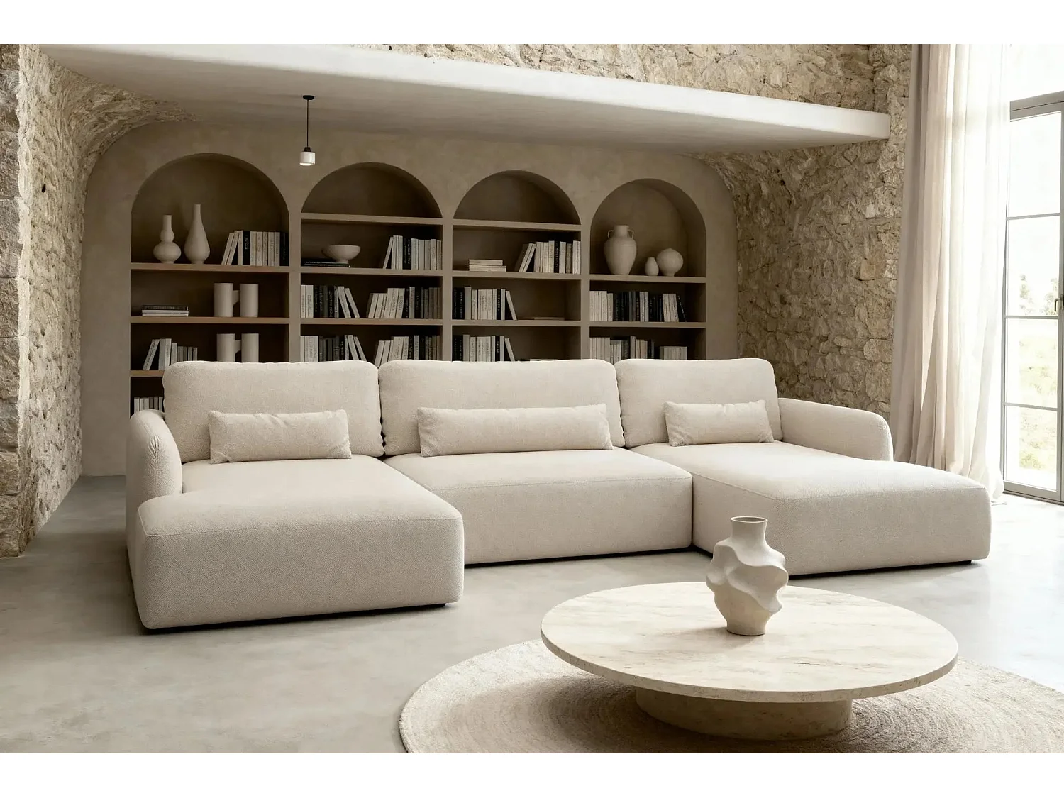 GIGI - Canapé panoramique convertible tissu bouclette 5 places - Beige