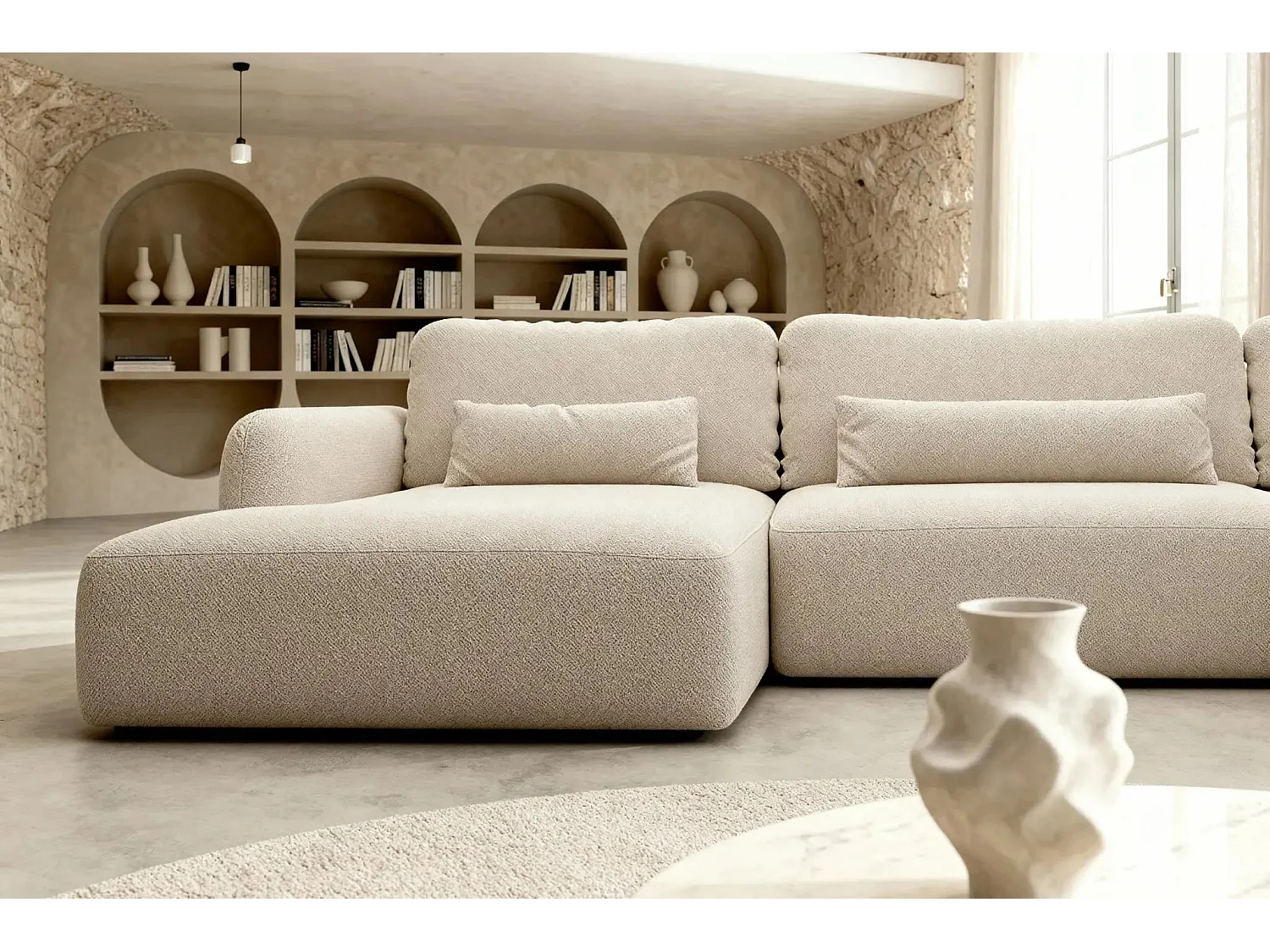 GIGI - Canapé panoramique convertible tissu bouclette 5 places - Beige