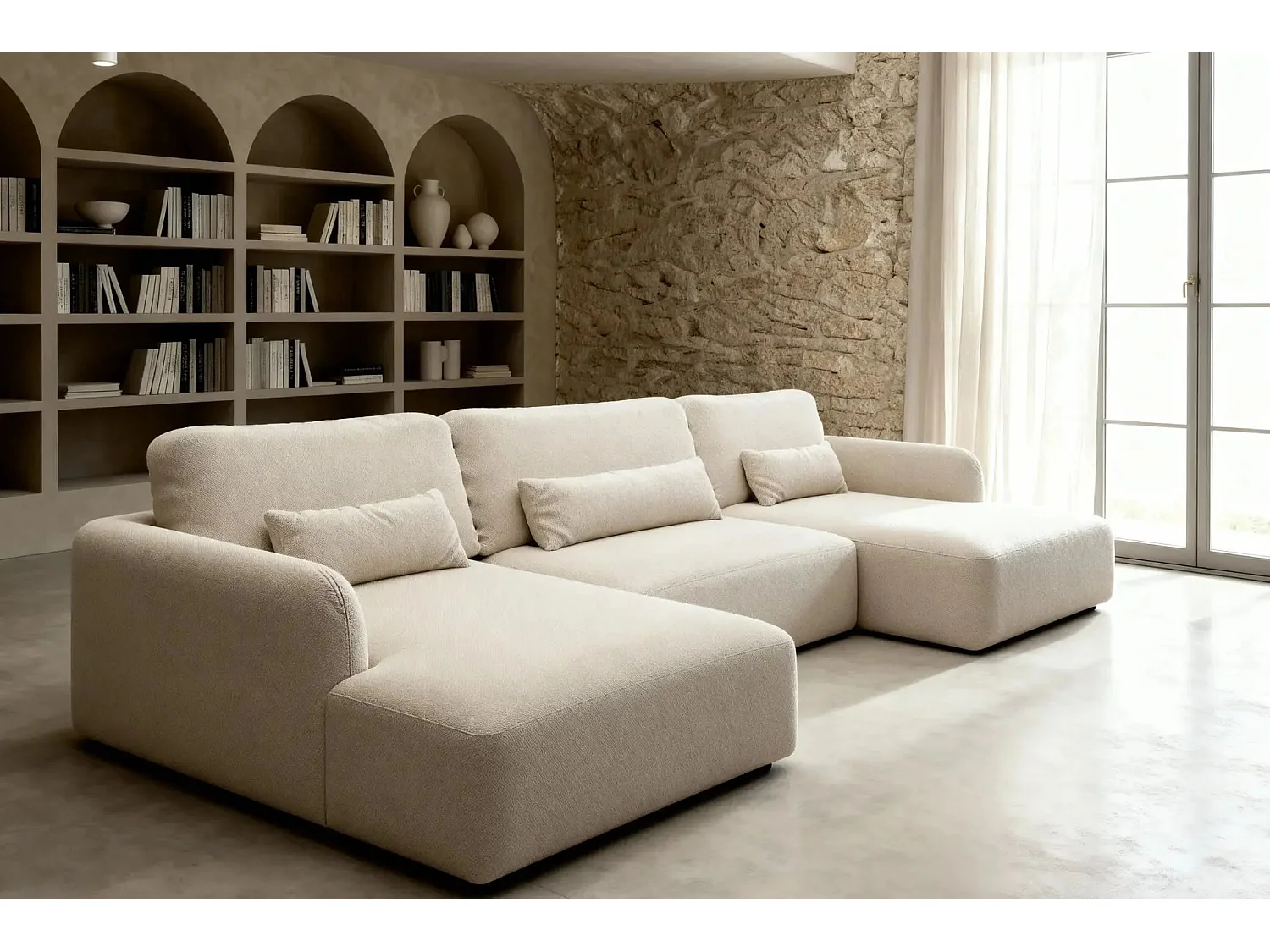 GIGI - Canapé panoramique convertible tissu bouclette 5 places - Beige