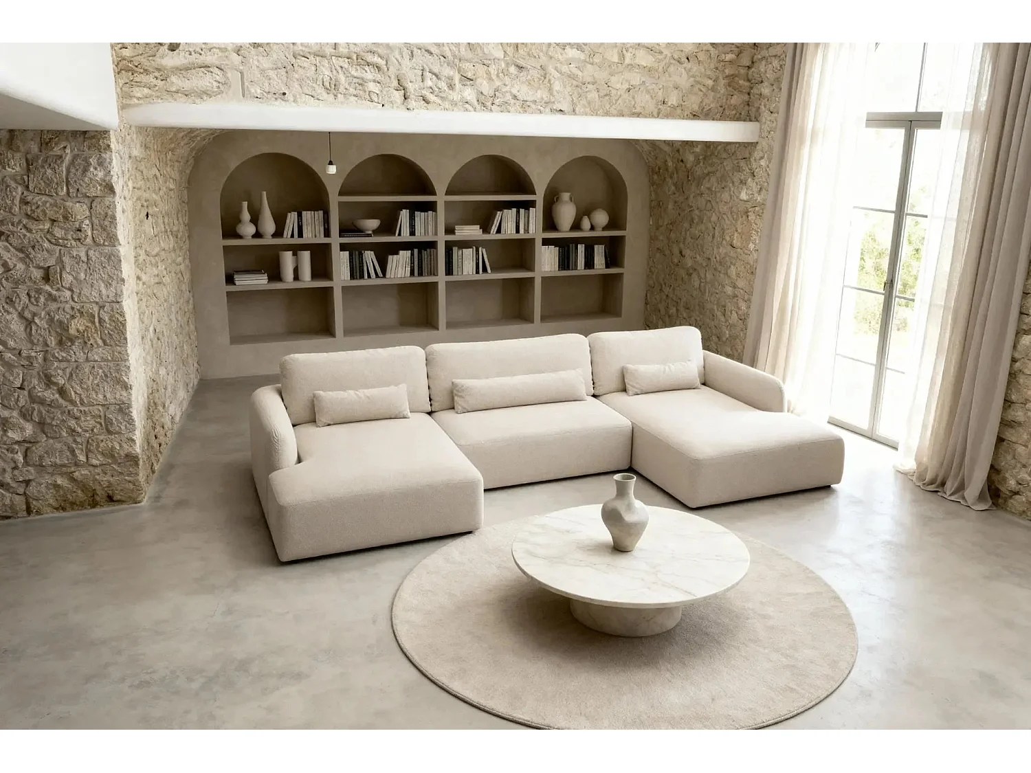 GIGI - Canapé panoramique convertible tissu bouclette 5 places - Beige