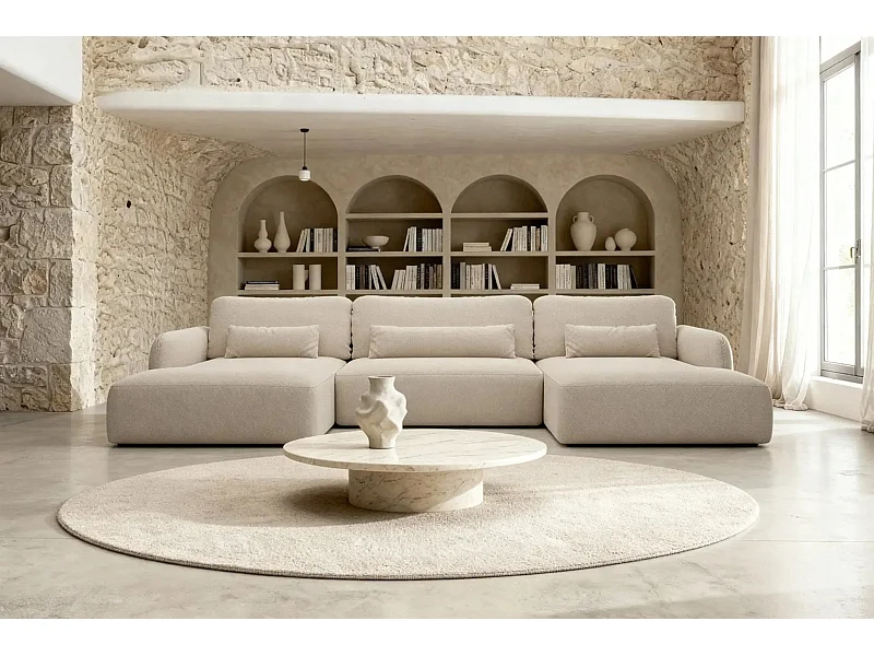 GIGI - Canapé panoramique convertible tissu bouclette 5 places - Beige