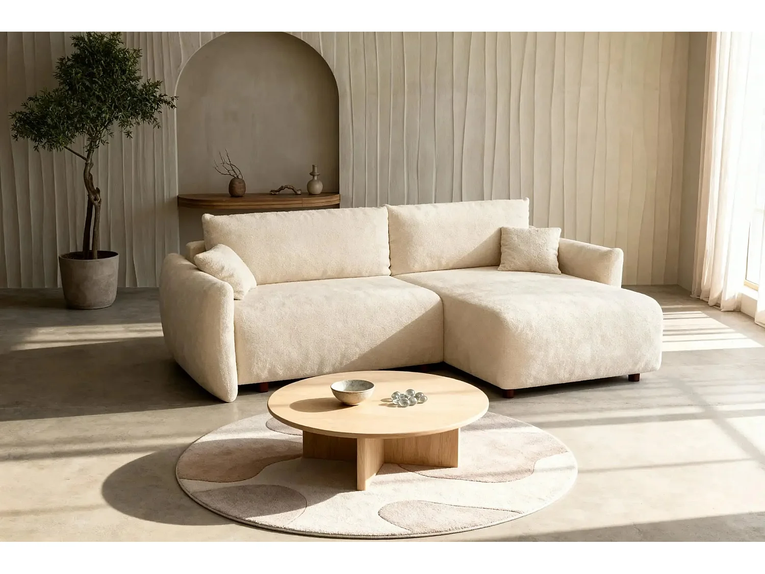 ELIO - Canapé d'angle convertible tissu bouclette 4 places - Beige