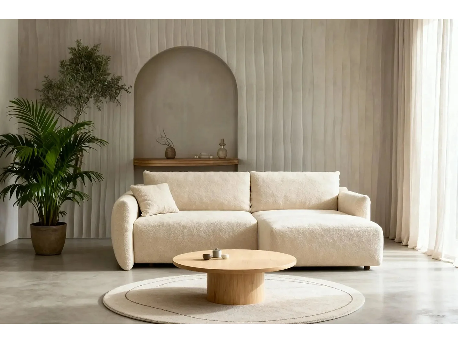 ELIO - Canapé d'angle convertible tissu bouclette 4 places - Beige