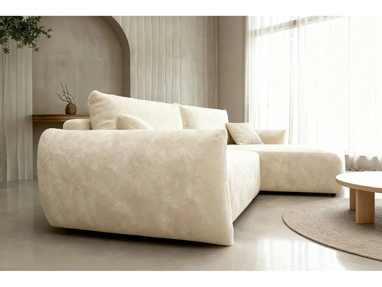 ELIO - Canapé d'angle convertible tissu bouclette 4 places - Beige