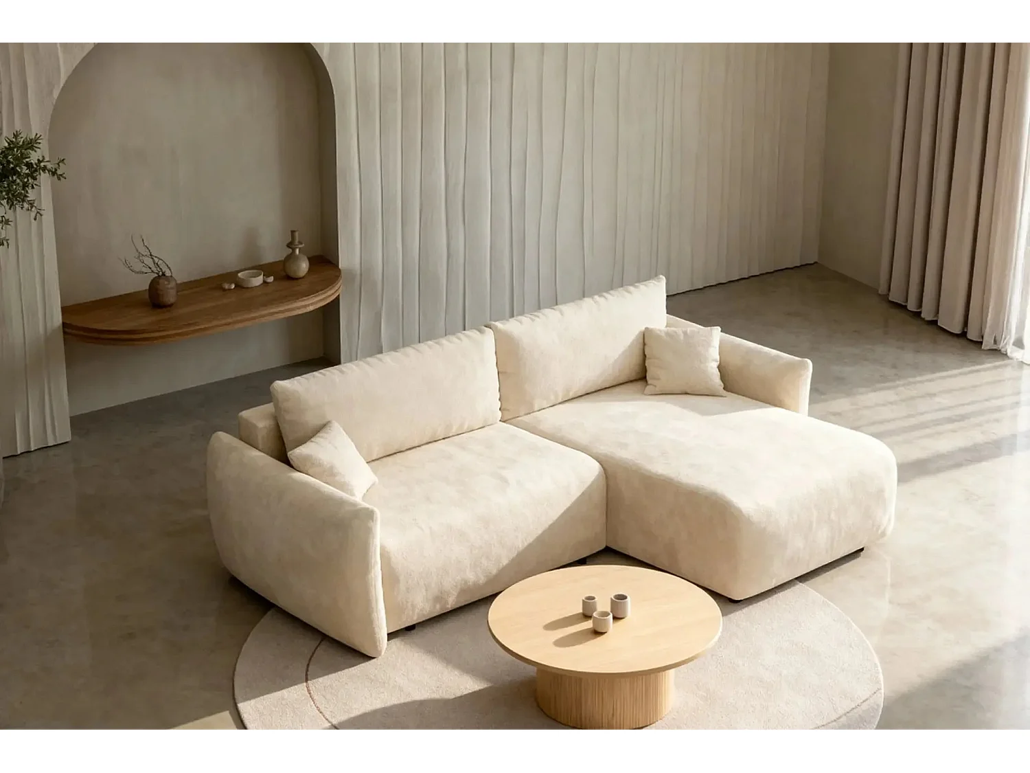 ELIO - Canapé d'angle convertible tissu bouclette 4 places - Beige