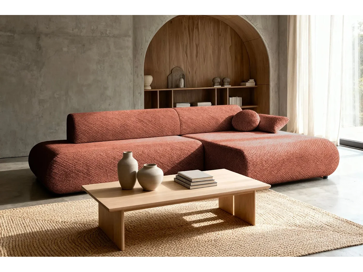 LEVI - Canapé d'angle convertible tissu lisse 3 places - Terracotta - Droit