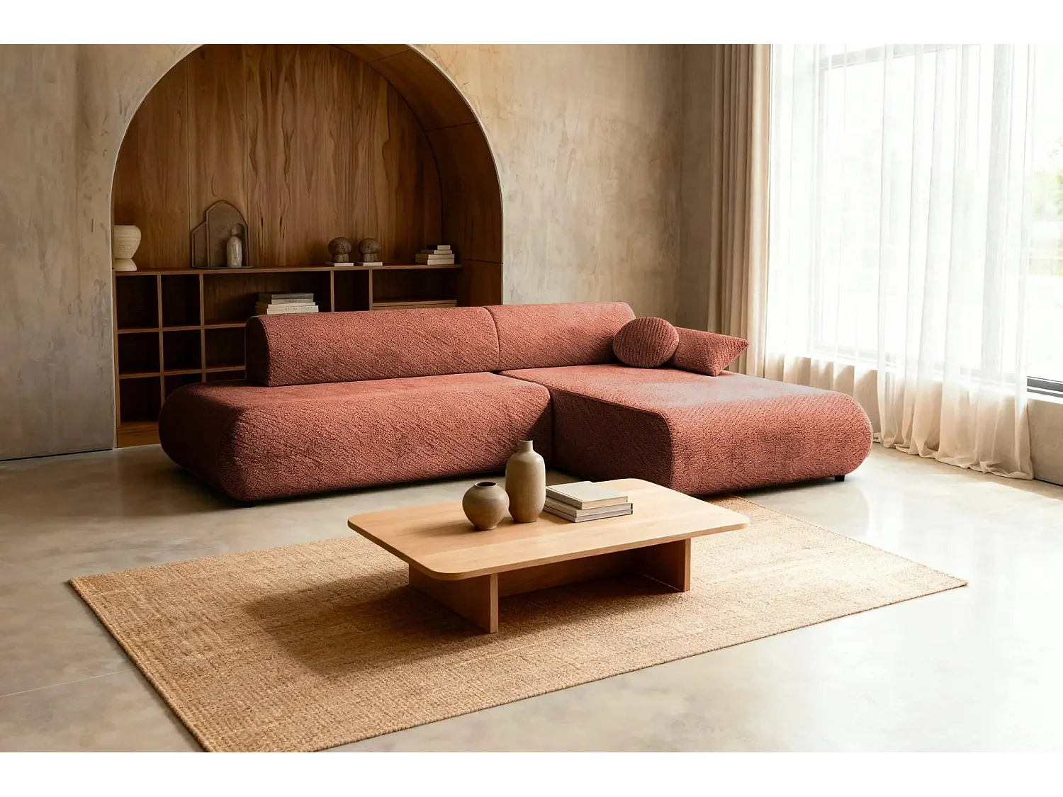 LEVI - Canapé d'angle convertible tissu lisse 3 places - Terracotta - Droit