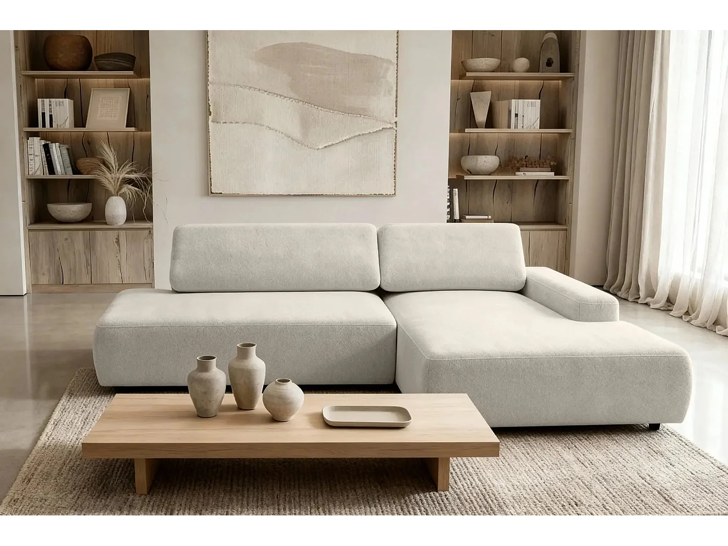 IVY O - Canapé d'angle convertible coffre tissu chiné 3 places - Biege - Gauche