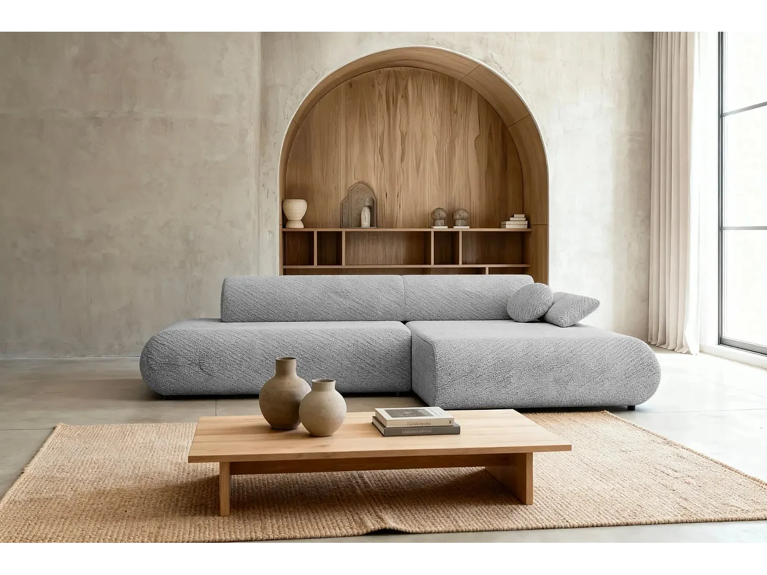 LEVI - Canapé d'angle convertible tissu lisse 3 places - Gris clair - Gauche