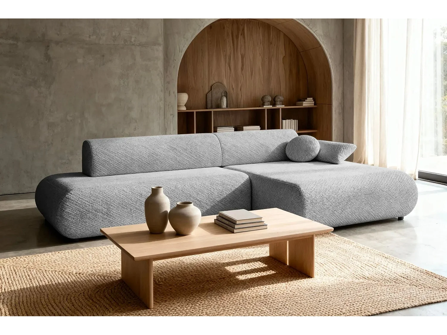 LEVI - Canapé d'angle convertible tissu lisse 3 places - Gris clair - Gauche