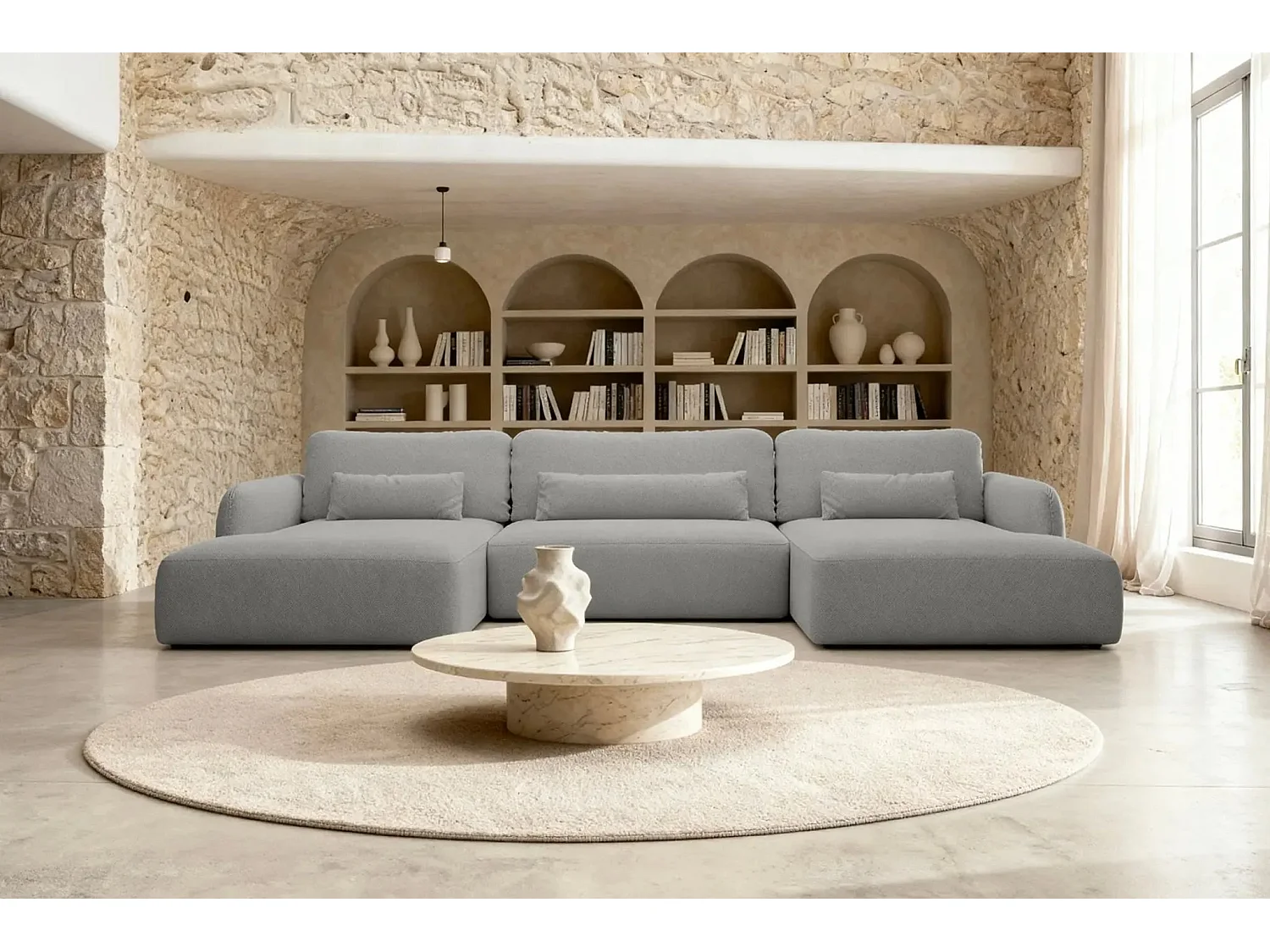 GIGI - Canapé panoramique convertible tissu bouclette 5 places - Gris clair