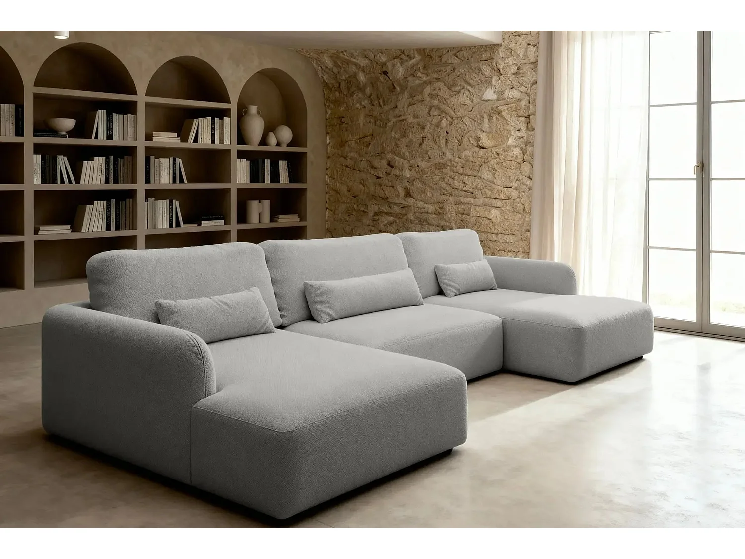 GIGI - Canapé panoramique convertible tissu bouclette 5 places - Gris clair