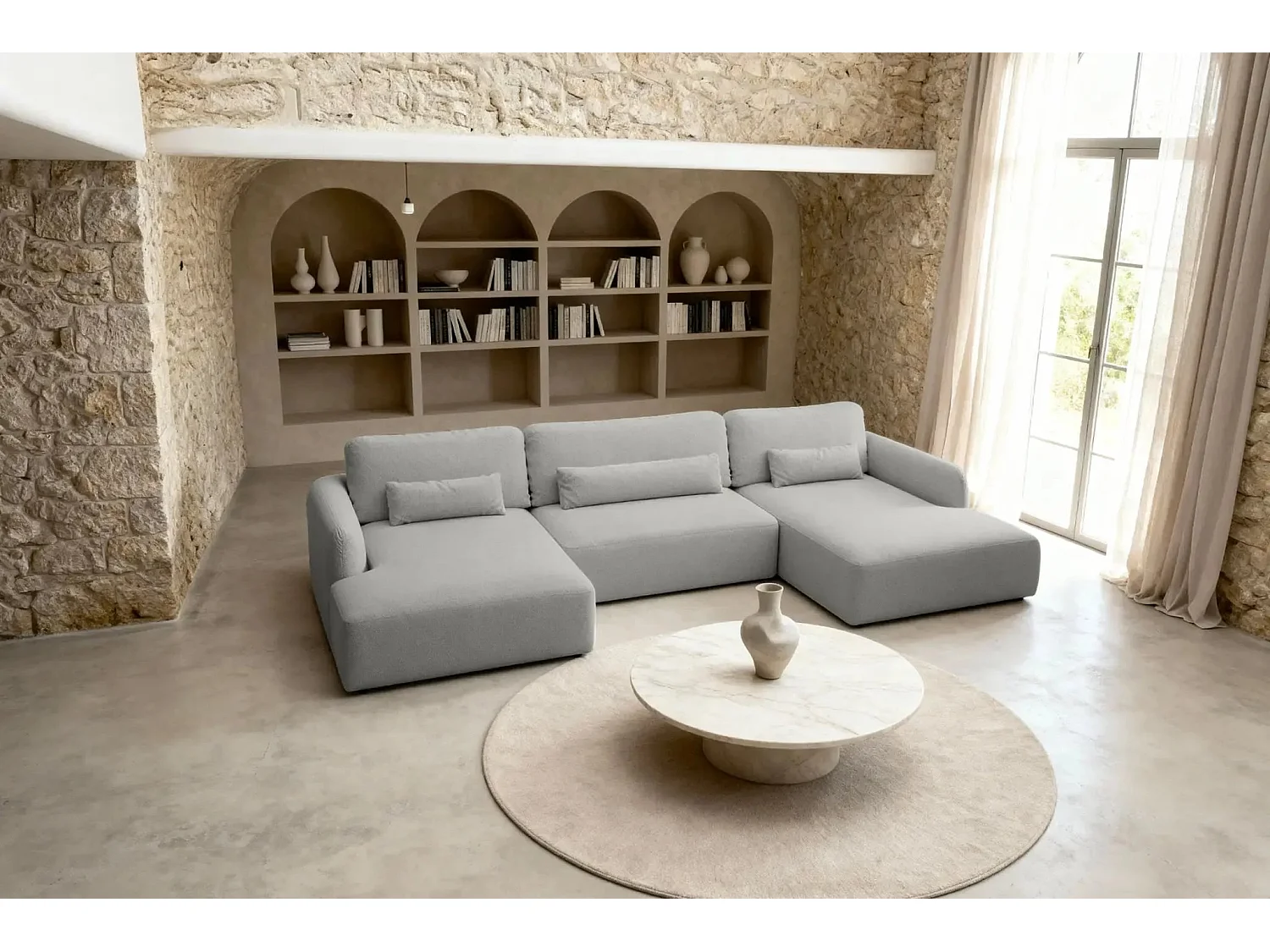 GIGI - Canapé panoramique convertible tissu bouclette 5 places - Gris clair