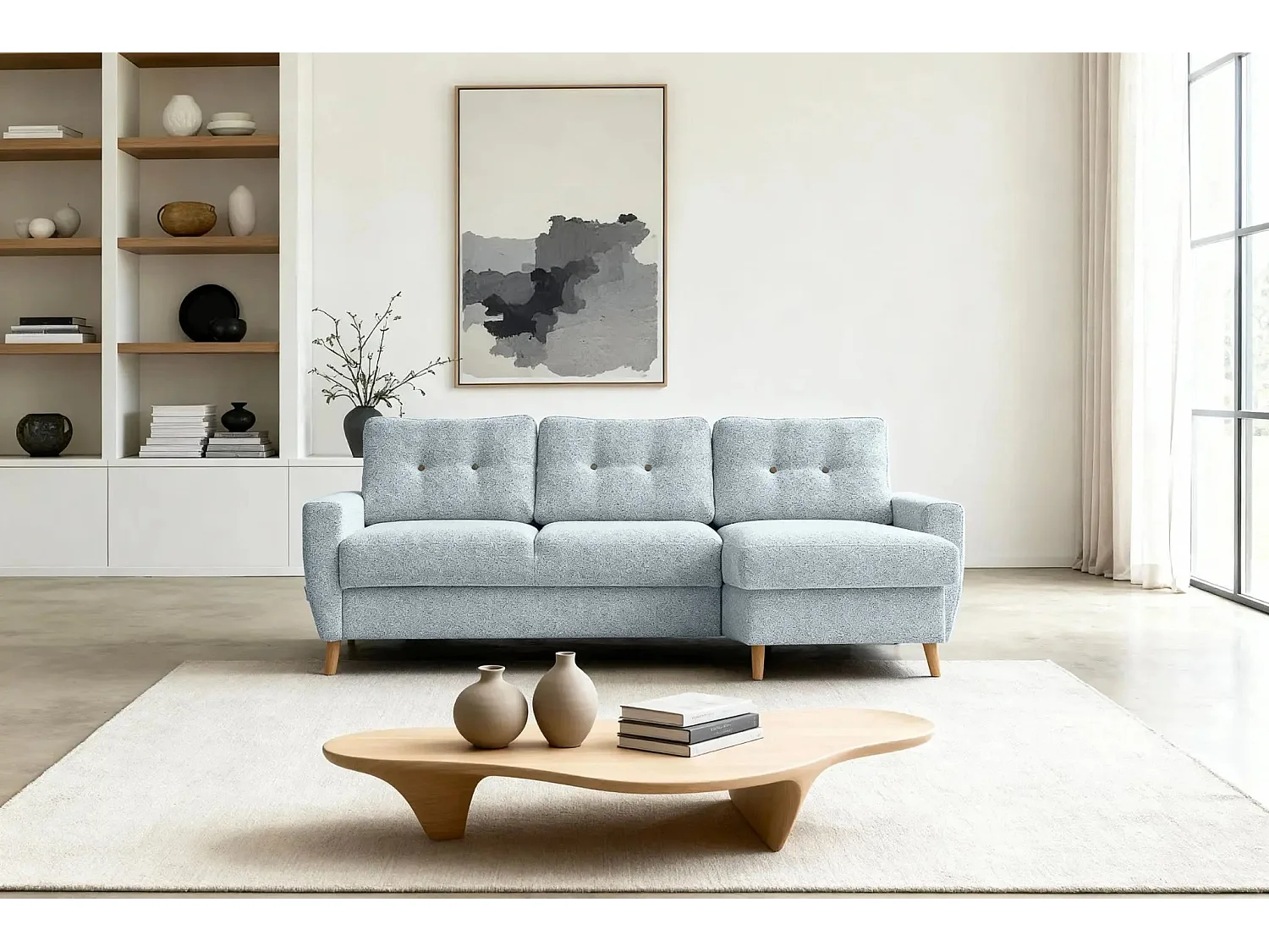 GASPARD - Canapé d'angle convertible tissu bouclette 4 places - Bleu - Droit