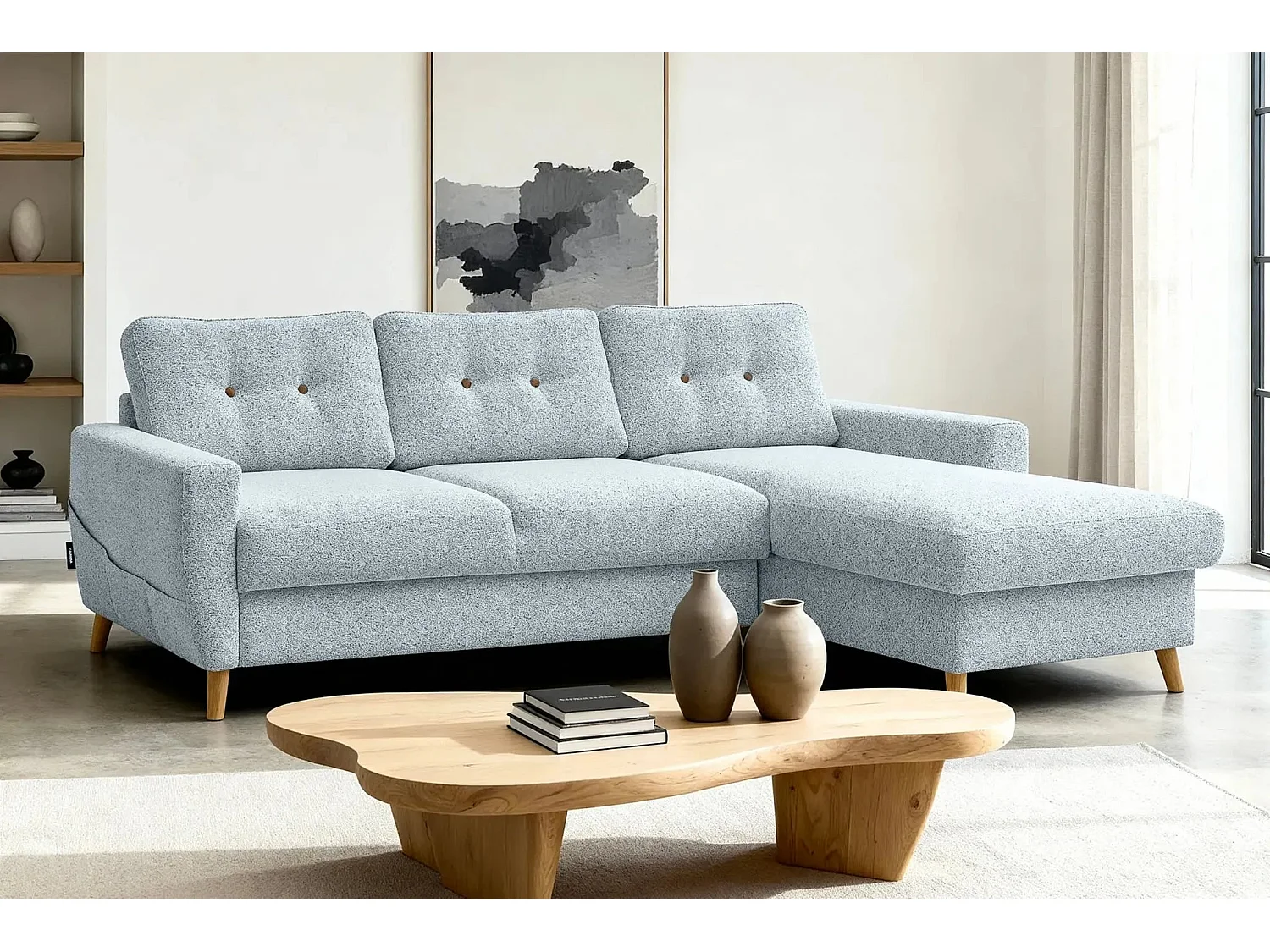 GASPARD - Canapé d'angle convertible tissu bouclette 4 places - Bleu - Droit