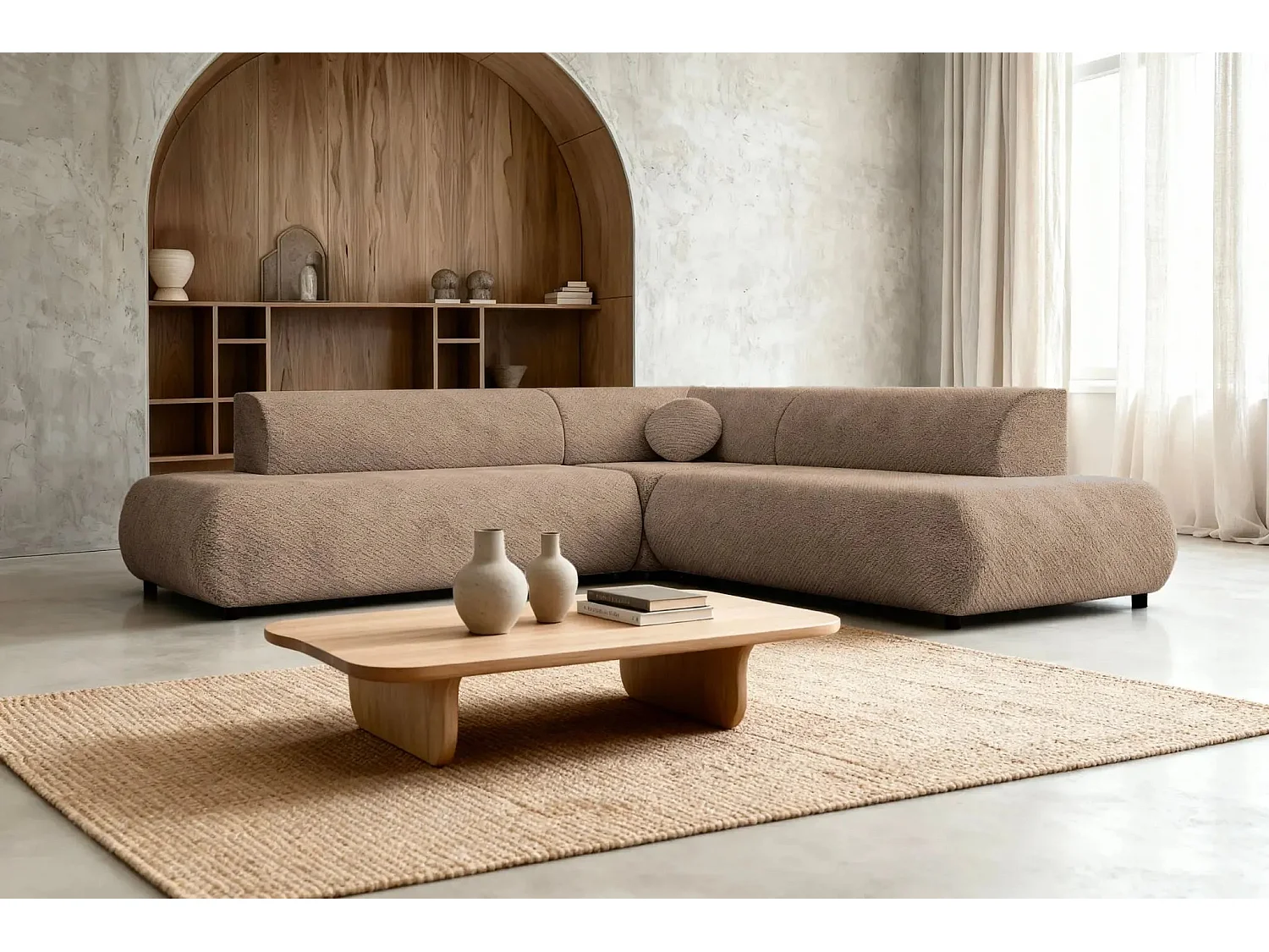 LEVI - Canapé panoramique convertible tissu lisse 5 places - Café - Gauche