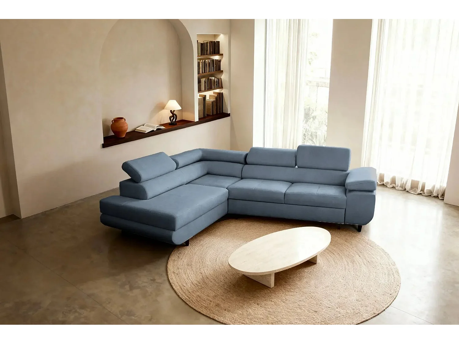 CHARLIE L - Canapé d'angle convertible tissu lisse 4 places - Bleu - Gauche