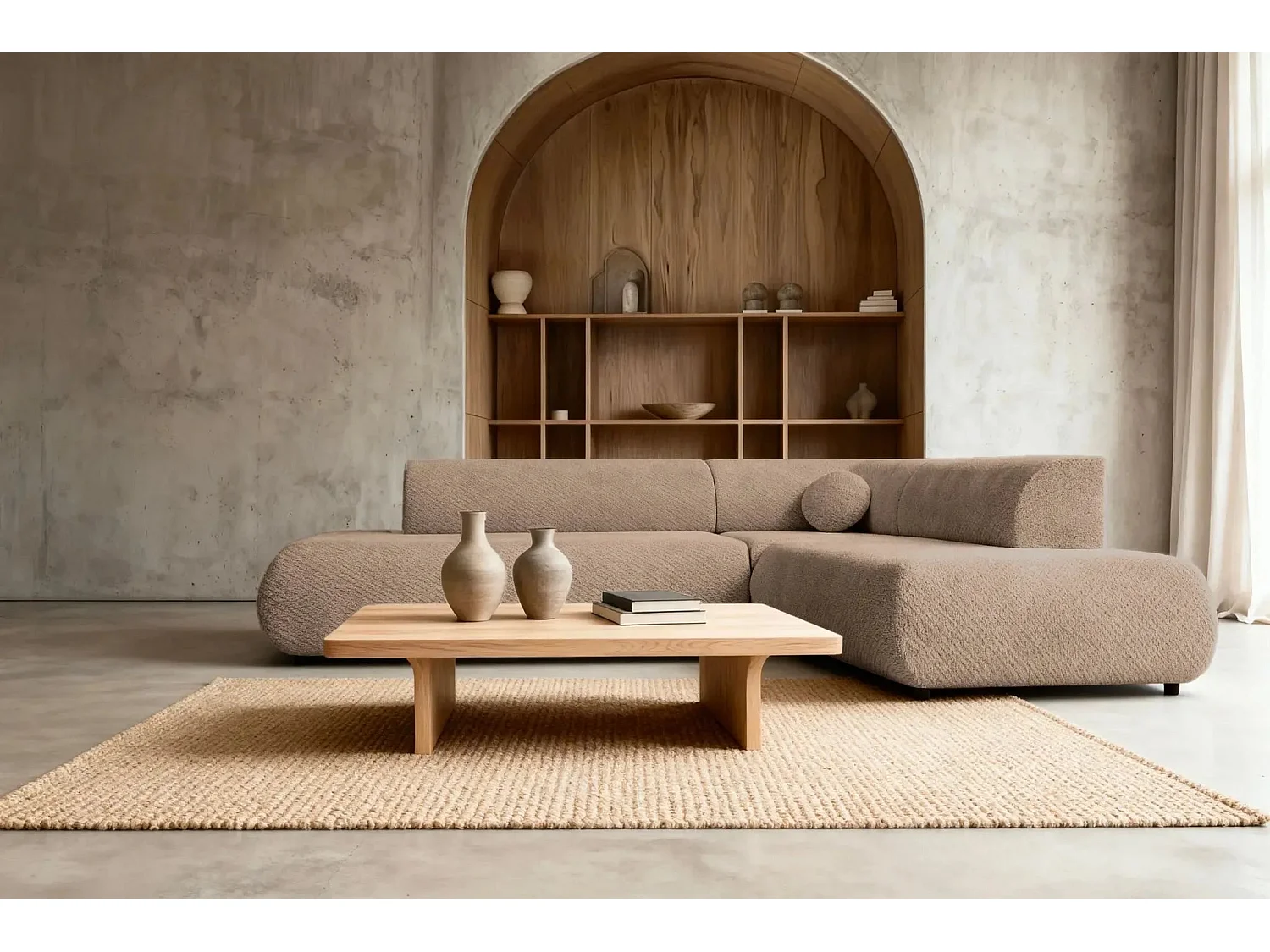 LEVI - Canapé panoramique convertible tissu lisse 5 places - Café - Droit