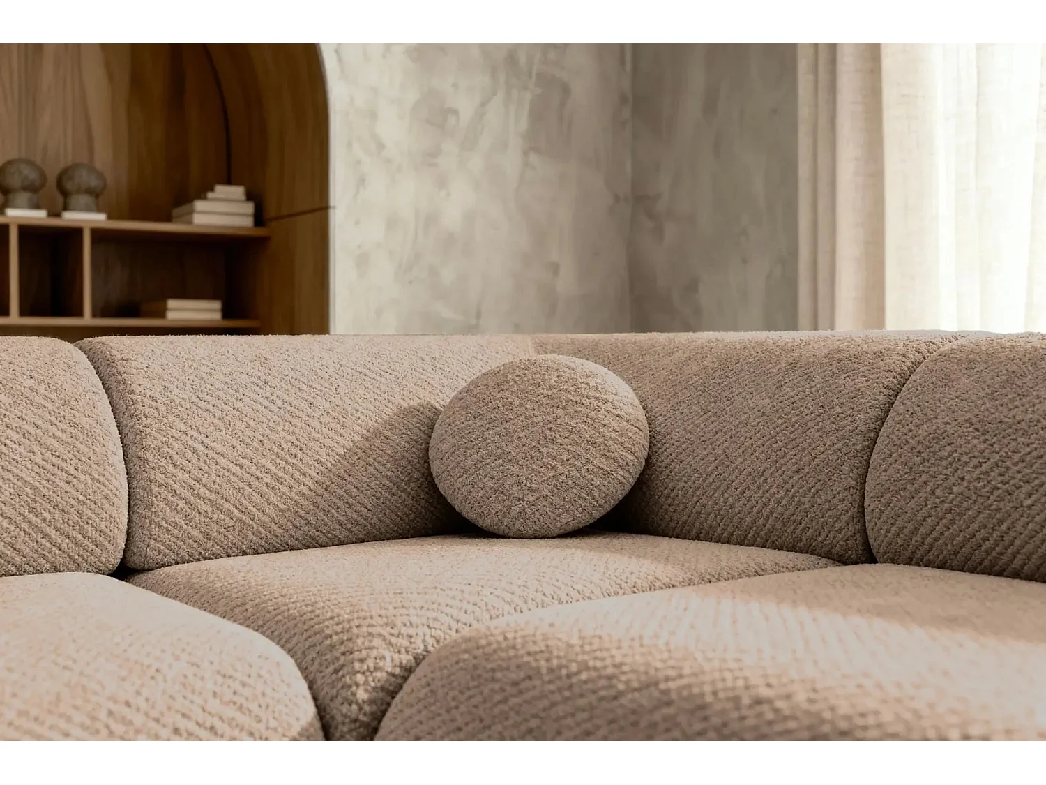 LEVI - Canapé panoramique convertible tissu lisse 5 places - Café - Droit