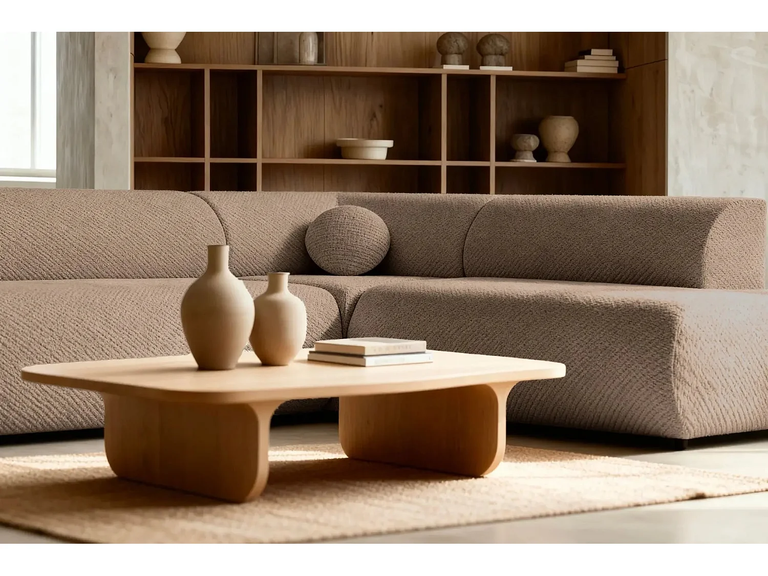 LEVI - Canapé panoramique convertible tissu lisse 5 places - Café - Droit