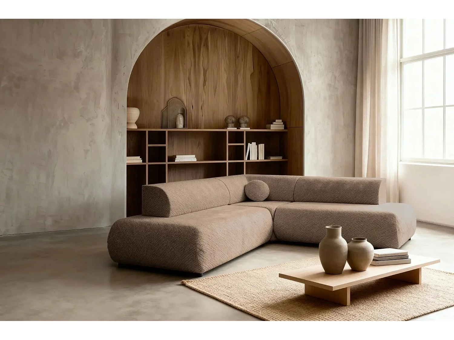 LEVI - Canapé panoramique convertible tissu lisse 5 places - Café - Droit