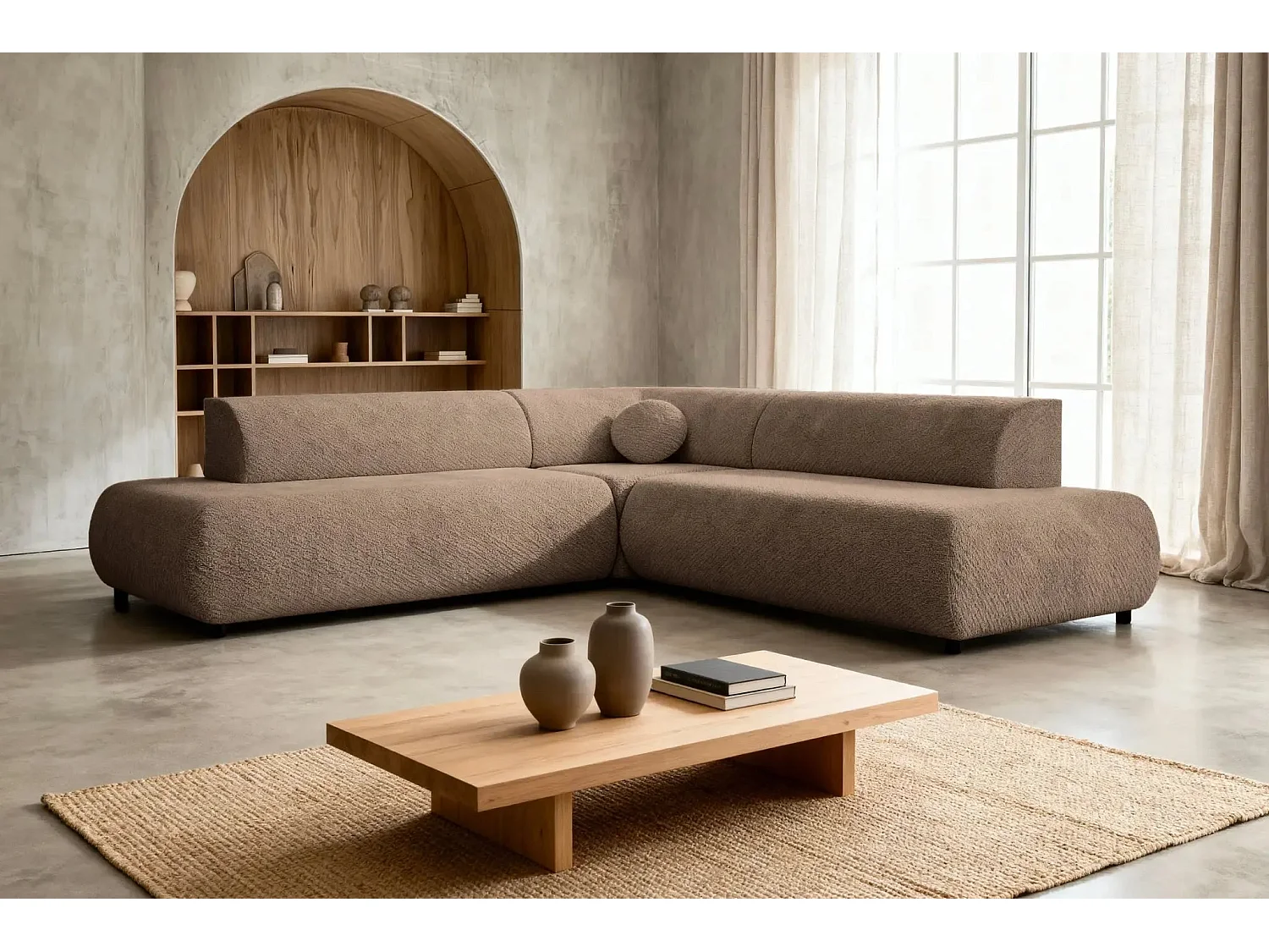 LEVI - Canapé panoramique convertible tissu lisse 5 places - Café - Droit