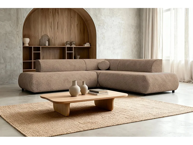 LEVI - Canapé panoramique convertible tissu lisse 5 places - Café - Droit