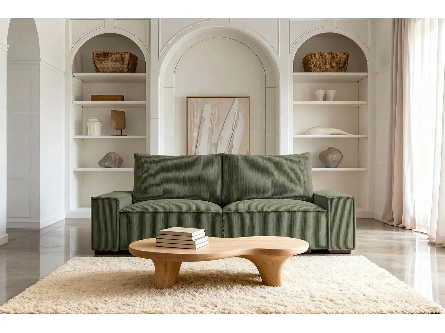 CLARY - Canapé droit convertible velours côtelé 2 places - Vert