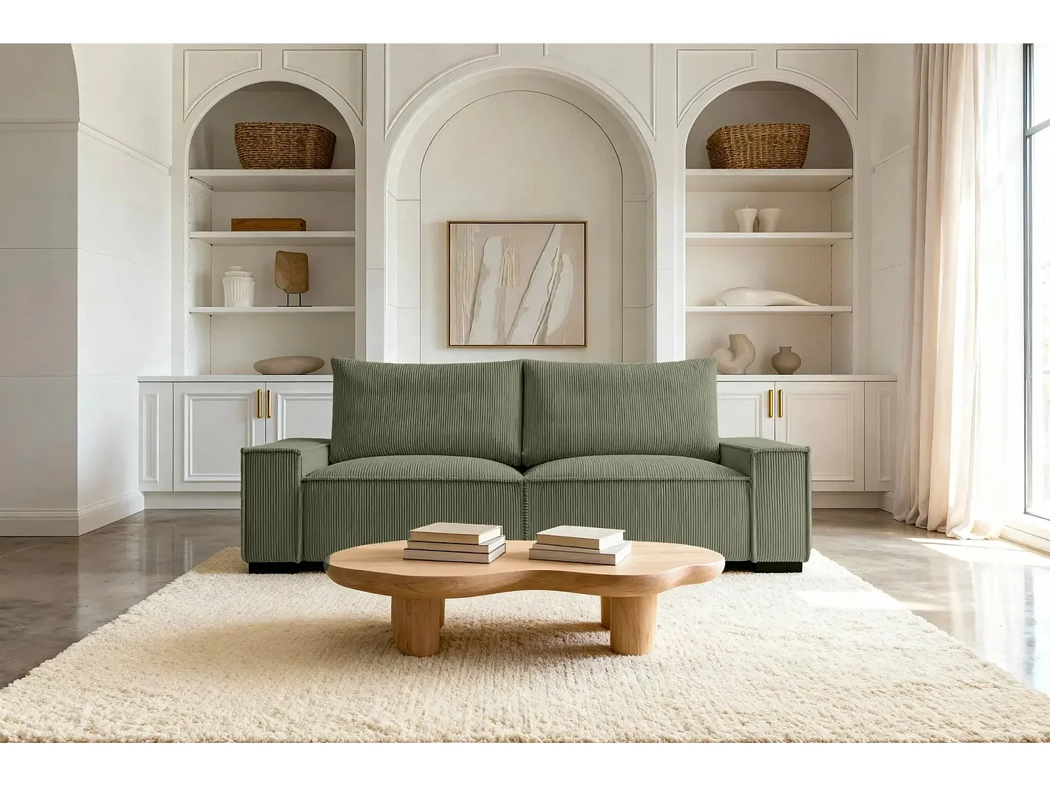 CLARY - Canapé droit convertible velours côtelé 2 places - Vert