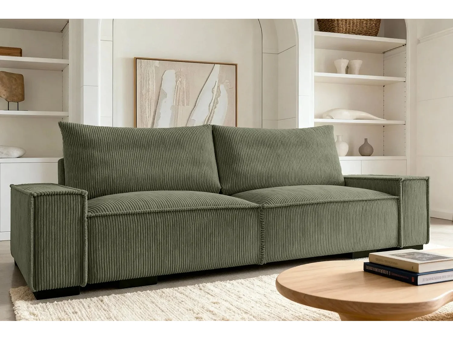 CLARY - Canapé droit convertible velours côtelé 2 places - Vert