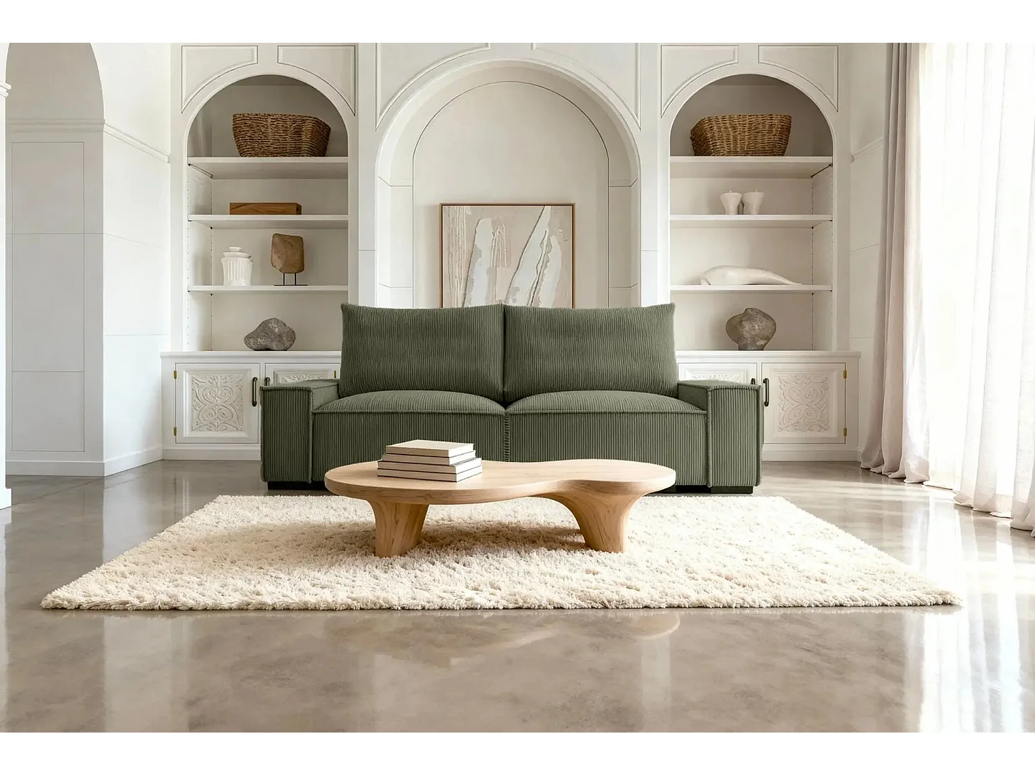 CLARY - Canapé droit convertible velours côtelé 2 places - Vert