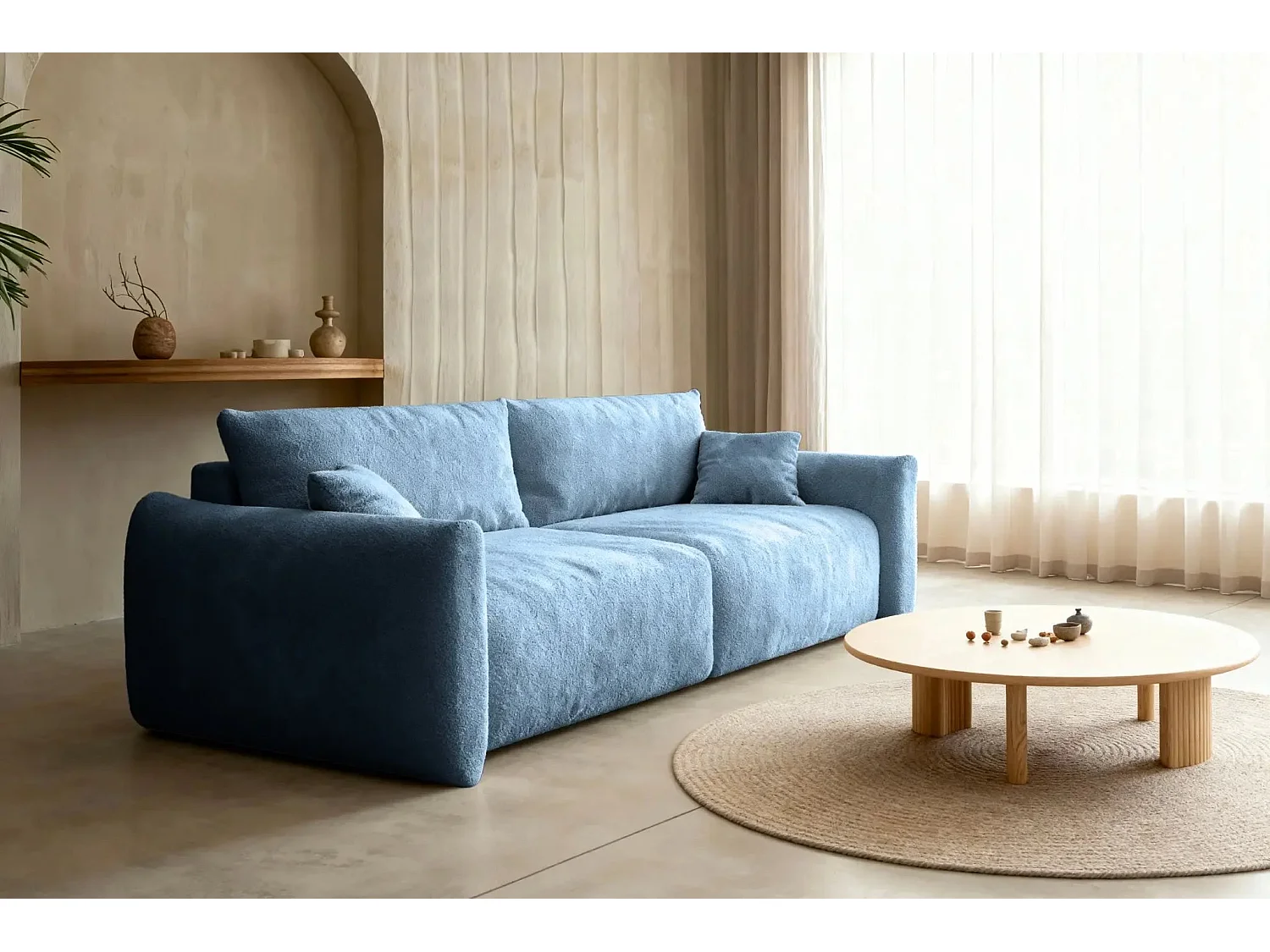 ELIO - Canapé convertible tissu bouclette 3 places - Bleu