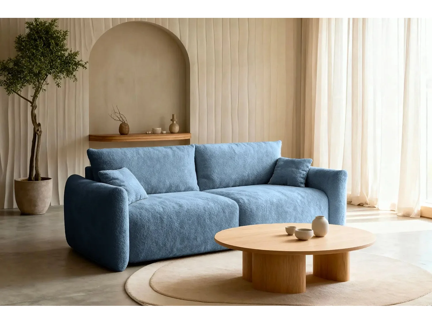 ELIO - Canapé convertible tissu bouclette 3 places Bleu