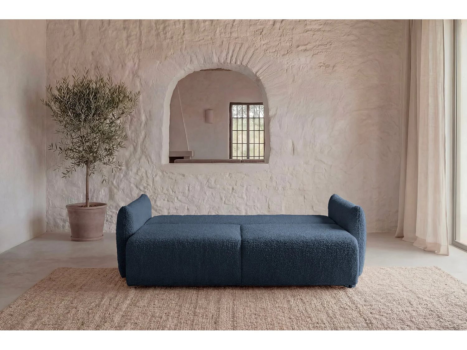 ELIO - Canapé convertible tissu bouclette 3 places Bleu