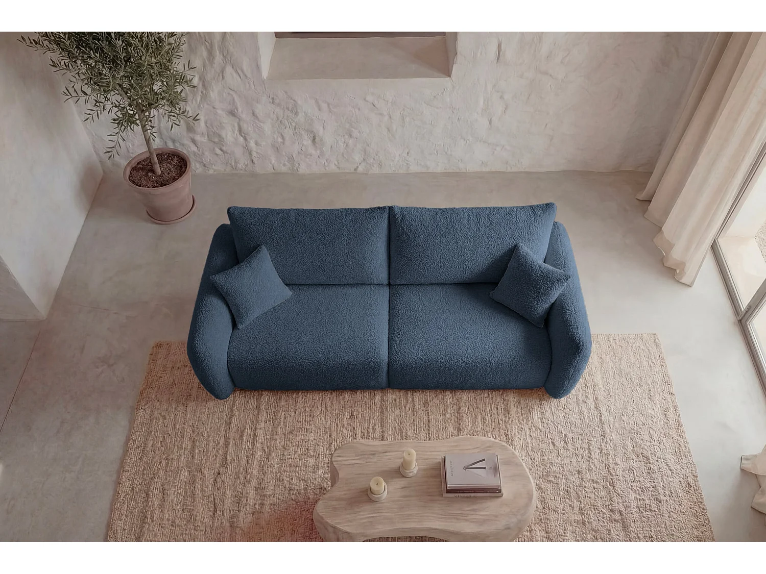ELIO - Canapé convertible tissu bouclette 3 places Bleu
