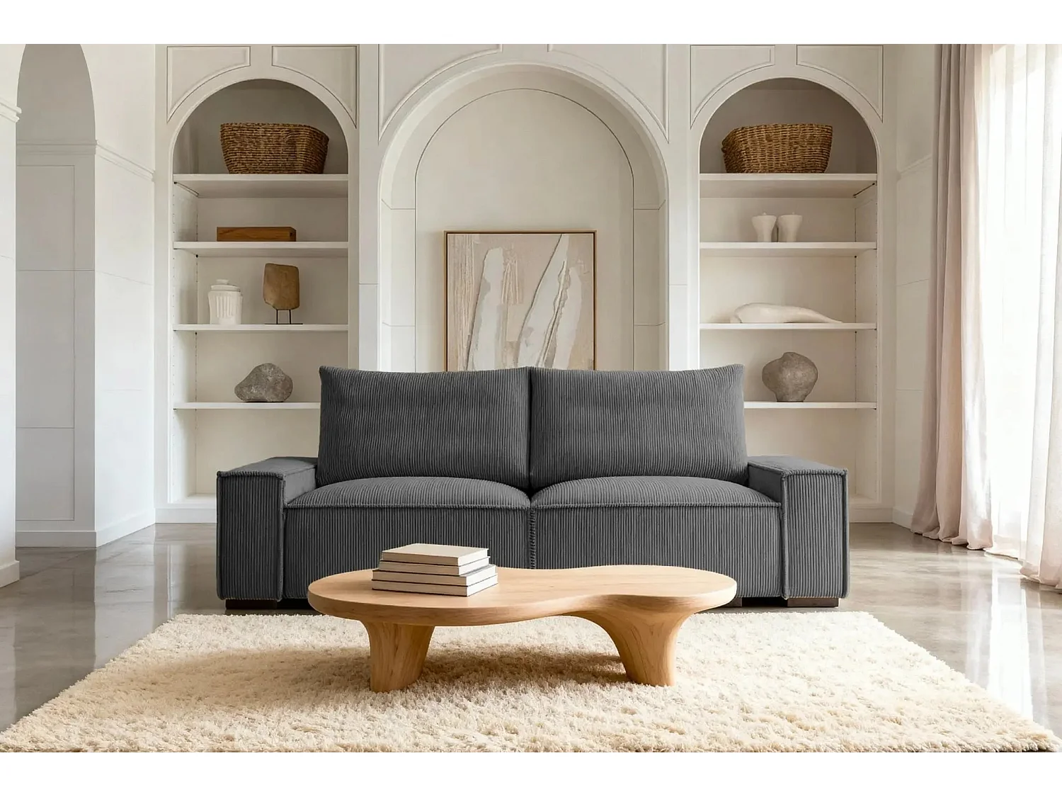 CLARY - Canapé droit convertible velours côtelé 2 places - Gris foncé