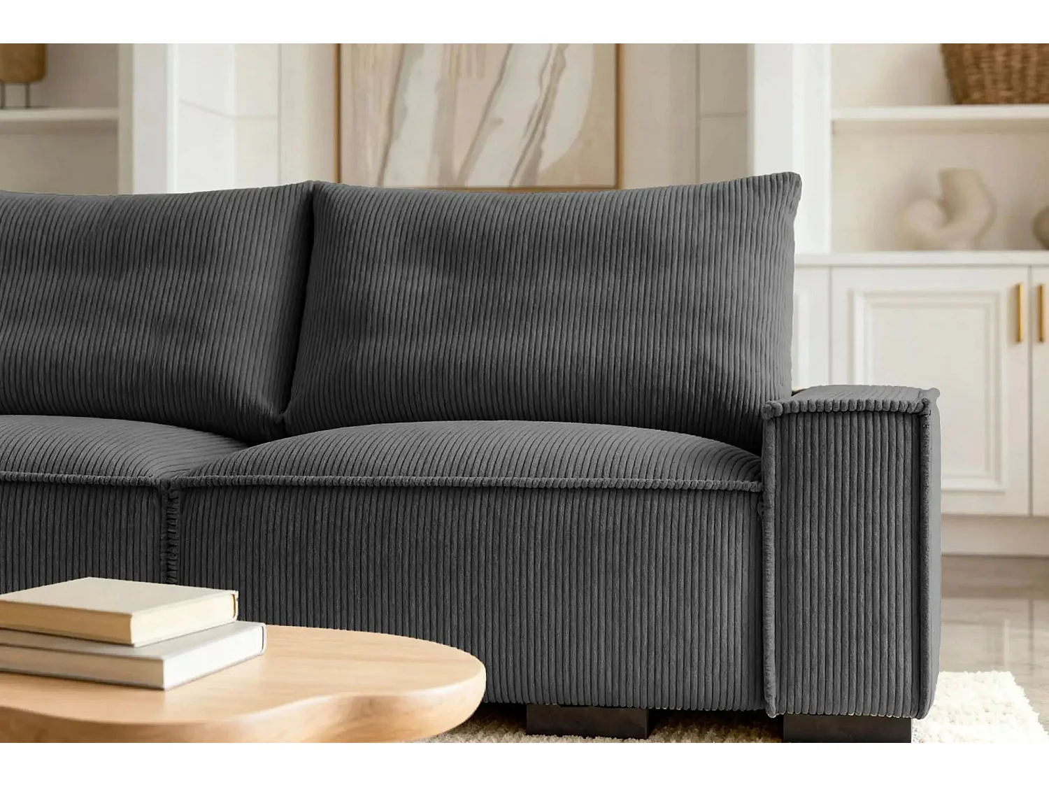 CLARY - Canapé droit convertible velours côtelé 2 places - Gris foncé