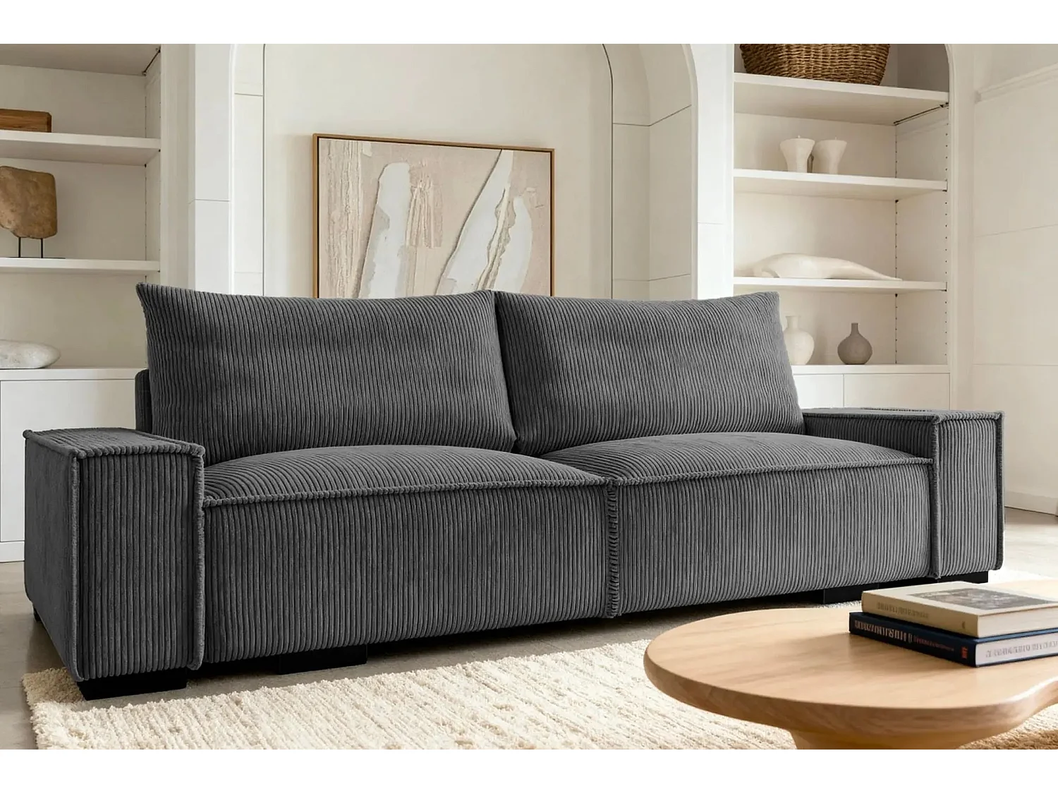 CLARY - Canapé droit convertible velours côtelé 2 places - Gris foncé