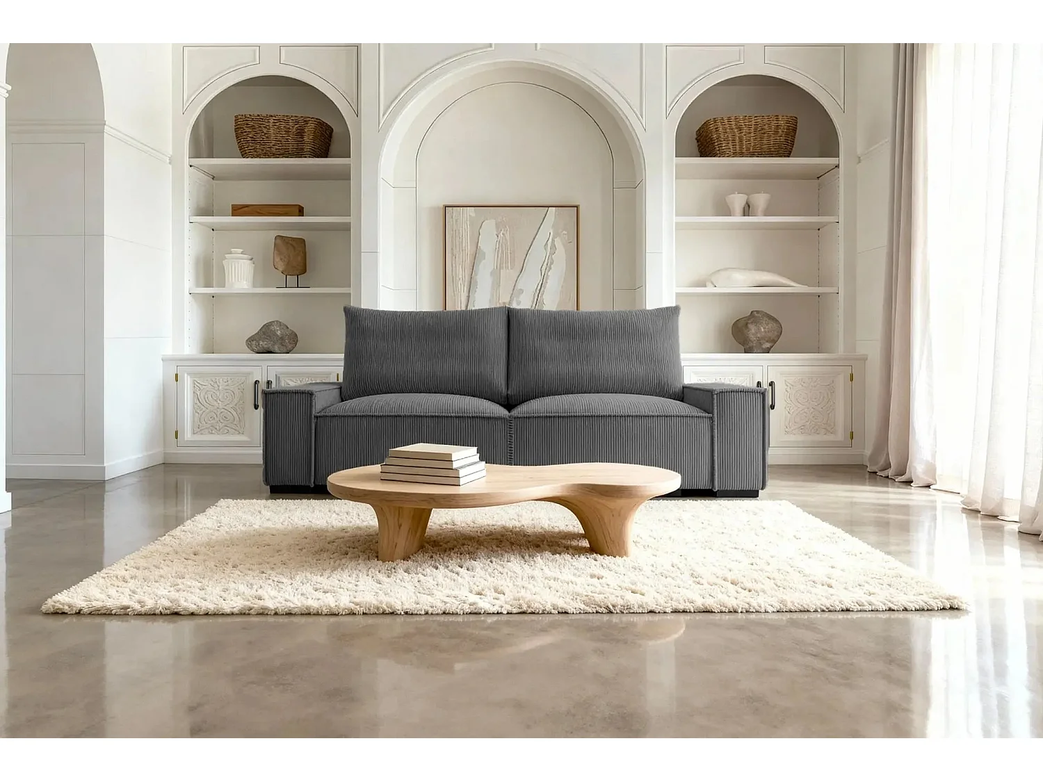 CLARY - Canapé droit convertible velours côtelé 2 places - Gris foncé